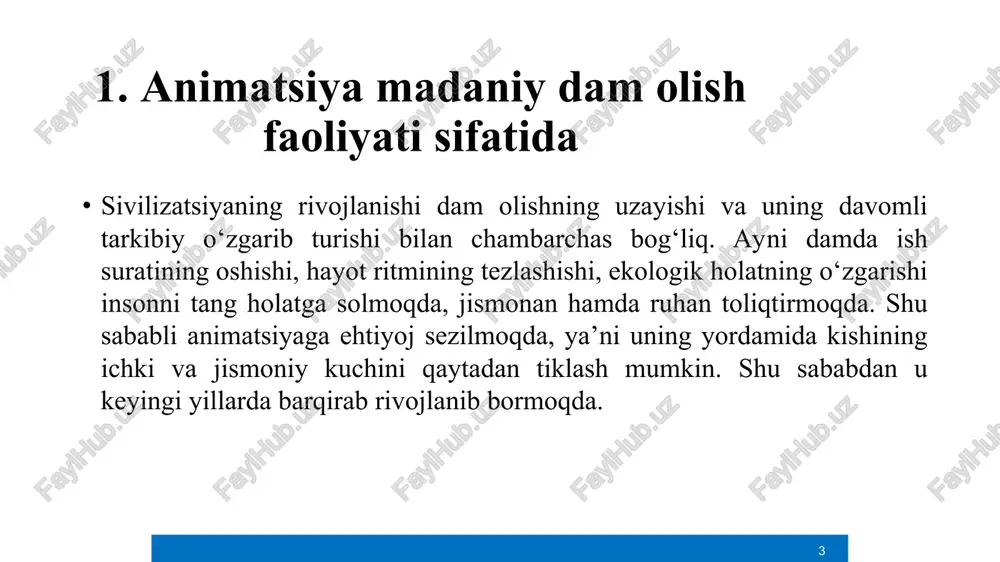 iyasi, kishini kundalik turmushdagi ruhiy va jismoniy charchoqlardan xolos qiluvchi; barqarorlashtirish funksiyasi, ijobiy hissiyot va ruhiy barqarorlikka rag‘batlantiruvchi; sog‘lomlashtirish funksiyasi, kishining kundalik turmush faoliyatida (mehnatida) susaygan jismoniy quvvatini qayta tiklash va rivojlantirishga qaratilgan; axborot funksiyasi, odamlar, region (mintaqa)lar, mamlakatlar va h.k. haqida yangi ma’lumotlarni olishga imkon beruvchi; ta’limiy funksiyasi, atrof-muhit va olamdan olingan yangi bilim, ko‘nikmalar va yorqin taassurotlarni mustahkamlashga, bilimni boyitishga imkon beruvchi; takomillashtirish funksiyasi, jismoniy va intellektual takomillashuvga olib keluvchi; reklama funksiyasi, animatsion dastur orqali turistni mamlakat, region (mintaqa), turkompleks, mehmonxonalar, turfirmalar va h.k. haqida reklama tashuvchiga aylantirish imkonini beruvchi. ishlab chiqarish va dam olish muassasalari sohasida shaxsiy va ijtimoiy munosabatlarni faol rivojlantirish shaxs manfaatlari, uning siyosiy, madaniy va ma'naviy rivojlanish ehtiyojlariga bog'liq. bo'sh vaqtni tushunish uchun yondashuvlarning hech biri to'liq emas. uning o'zida uchta pozitsiya bor: 1) ishlash uchun bo’sh vaqtning bo’lishi, bunda bo’sh vaqt tushunchasi "dam olish" uchun emas, balki biror bir ishni bajarish uchun qabul …