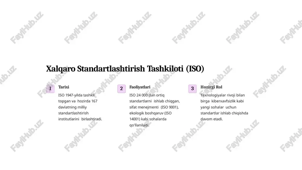 ing iqtisodiy va ijtimoiy ta'siri xalqaro standartlar sanoatda raqobatbardoshlikni oshiradi, kompaniyalar xalqaro bozorlarga chiqish imkoniyatiga ega bo'ladi. xavfsiz va sifatli mahsulotlar yaratishga yordam beradi. standartlashtirish rivojlanayotgan mamlakatlar iqtisodiyotini mustahkamlaydi. bu tashkilot 1947-yil 23- fevralda tashkil topgan. bu tashkilot halkaro standartlarni ishlab chiqadi. bu tashkilotning shtab kvartirasi. shveytsariyaning jeneva shahrida joylashgan. 2016-yil holatida 196 ta davlatda faoliyat olib boradi. bmt tashkilotining iqtisodiy va ijtimoiy sovetida bu tashkilotga birinchilar qatorida umumiy konsultativ statusi taqdim etilgan. standartlar – ishlab chiqaruvchi korxonalarning ishlab chiqarish ko‘rsatkichlarini oshirishga, xatoliklarni va chiqitlarni kamaytirishga yordam beradi. turli bozorlardagi mahsulotlarni to‘g‘ridan to‘g‘ri baholab, kompaniyalarning yangi bozorlarga chiqishini osonlashtiradi, haqqoniy halqaro savdo sotiqni rivojlantirishga yordam beradi. shu bilan birga standartlar iste’molchilar huquqlarni himoya qiladi va sertifikatlangan mahsulot xalqaro darajadagi minimal standartlarga mosligini kafolatlaydi. texnik menejment boshqarmasi iso standartlarini ishlab chiquvchi 250dan ortiq texnik komitalarga mas’ul. iso ning asosiy mahsuloti halqaro standartlardir. iso tashkiloti texnik hisobotlarni texnik xarakteristikalarni, umumiy spetsifikatsiyalarni, chop …