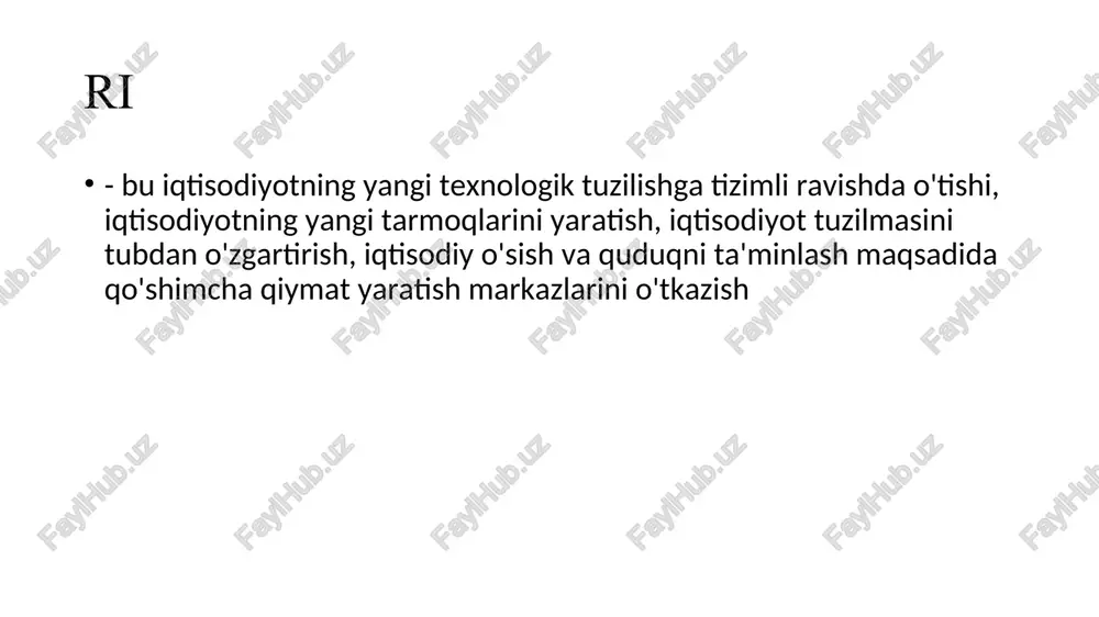 t) asosida ishlab chiqarishni raqamlashtirish jarayonini amalga oshirishni aniqlaydi.  2012 yil, germaniya hukumati industry 4.0 siyosatini isga tushurdi va shunga doir ilmiy tadqiqot proektlarini qullab quvvatlay boshladi.  ‘smart factory’- aqlli sanoat industry 4.0 ning mahsuli. 7 1) katta ma’lumotlar - ma’lumotni tarkibiy va tuzilmagan massivlarini yig‘ish, qayta ishlash va saqlash texnologiyalari, ular katta hajm va tez o‘zgaruvchanlik bilan tavsiflanadi (shu jumladan real vaqtda), ular bilan ishlash uchun maxsus vositalar va usullarni talab qiladi. 2) bulutli texnologiyalar 3) sun’iy intellekt -ma’lum bir avtonomiyaga ega bo‘lgan ma’lumotni qabul qila oladigan, ma’lumotlarning katta massivlarini tahlil qilish asosida, shu jumladan insonning xatti-harakatlariga taqlid qilgan holda ma’lumot olishga va qaror qabul qilishga qodir dasturiy ta’minot va apparatura tizimidan iborat.neyrotexnologiyalar bu biologik ob’ektning asab tizimining faoliyatini qisman yoki to‘liq o‘zgartiradigan,to‘ldiradigan kiberfizik tizimlar, shu jumladan sun’iy intellekt asosida tashkil etiladi. 4) blokcheyn taqsimlangan reestr texnologiyalari -markazlashtirilmagan saqlash va qayta ishlash protokollarining algoritmlari va protokollari, ularni …
