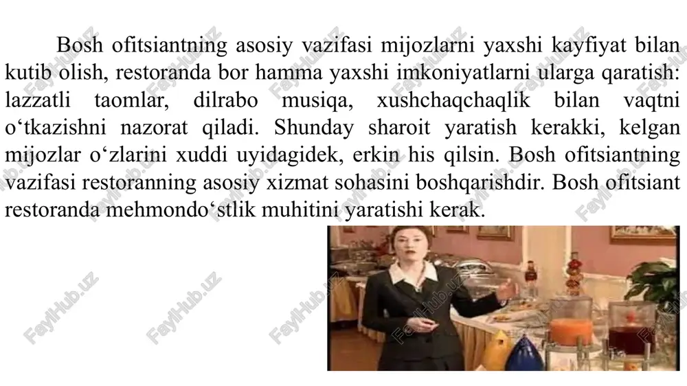 rdimi-yo‘qmi, idish-anjomlarning topshirilganini tekshiradi. xizmat qilgan xodimlar o‘z vaqtida uylariga ketishlarini ta’minlaydi. restoranda tantanali qabullar, banket, to‘ylar o‘tka-zilganda bosh ofitsiant zimmasiga katta mas’uliyat yuklanadi. bunday hollarda beriladigan buyurtmalarni qabul qilib oladi, xizmat ustidan rahbarlikni amalga oshiradi. tantanali qabul, banket, to‘ylarda eng avvalo bosh ofitsiant tashkiliy masalalarni yig‘ilish vakili bilan kelishib oladi. rasmiy qabul bo‘ladigan bo‘lsa, bosh ofitsiant odamlarni joy-joyiga o‘tqazish rejasini tuzadi. qabul yoki banket o‘tkazish haqida kelishuv tuzilganligining rasmiylashgani avans berilishi (oldindan pul to‘lash) yoki kafolat xati berilishi bilan boshlanadi. agar xorijiy turistlar restoranda ovqatlanadigan bo‘lsa, bosh ofitsiant ular uchun taomnoma tuzishda qatnashadi. bunda ularning umumiy didi va udumlari hisobga olinadi. xorijiy turistlar haqida ofitsiantlar ham ma’lumotga ega bo‘lishlari kerak. bosh ofitsiant vazifasiga ofitsiantlar tomonidan o‘z vaqtida hisob reestri tuzishni nazorat qilish ham kiradi. u kun bo‘yi ofitsiantlar va boshqa unga qarashli xodimlar ishini kuzatadi, boshqaradi va nazorat qiladi, xizmat jarayonida sezilgan xato va kamchiliklarni bartaraf qilishni talab qiladi. …