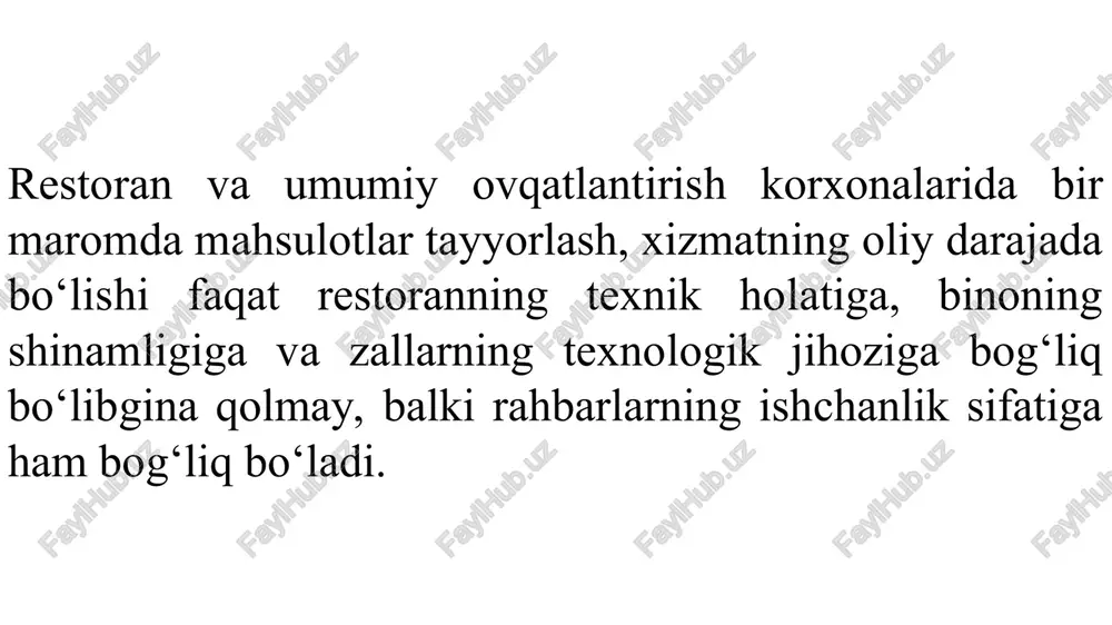dini belgilashda mol aylanish darajasini hisobga olish kerak. restoran direktorining yana bir vazifasi – mehnatni tashkil qilishning brigada shaklini joriy qilishdir. agar ishning yaxshi borishi uchun foydali bo‘lsa, brigada tizimiga rahbar, injener-texnik xodimlarni, mutaxassislarni, xizmatchilarni ham jalb qilishi lozim. bunda moddiy manfaatdorlik ham oshadi. jamoa boshida mutaxassis, ishbilarmon rahbar turishi, odamlar bilan ishlay biladigan, ilmiy-texnika yutuqlaridan unumli foydalana biladigan, masalani o‘zi mustaqil hal qiladigan, jamoa ishlab topgan mablag‘dan maqsadli foydalana oladigan kishi bo‘lishi lozim. restoranning ishlab chiqarish bo‘yicha mudiri vazifasi: mijozlar ehtiyojini o‘rganish; xomashyodan unumli foydalanishni ta’minlash va yuqori sifatli taom tayyorlashda pazandalik qoidalariga, texnologik ko‘rsatmalariga amal qilish; mavjud mahsulotlar assortimenti minimumini hisobga olgan holda taomnoma tuzish, taomlar assortimentini ko‘rib chiqish; xodimlarning ishga chiqish grafigini tuzish, ularni joy-joyiga qo‘yish; ishlab chiqarishda sanitariya- gigiyena qoidalariga qarab mehnatni muhofaza qilish, xavfsizlik texnikasiga rioya qilish; mahsulot, moddiy boyliklarni sarflash bo‘yicha o‘z vaqtida buxgalteriyaga hisobot berish. shveysar – restoran direktori tomonidan qo‘yiladi, u mehmonlarni …