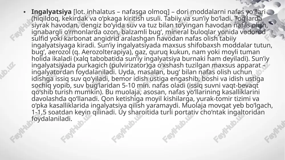 'ladi — o'lchamlari 0,5 dan 10 mikrongacha bo'lgan ultra nozik zarralar (birlamchi aerozolning taxminan 0,5%), keyinchalik u inhalatsiyalanadi va birlamchi aerozol zarralarining katta qismi (taxminan 99%) nebulizer kamerasining ichki devorlariga yotqiziladi va aerozol hosil bo'lish jarayonida yana ishtirok etadi. ultrasonik nebulizer foydalanishning afzalliklari nebulizer-bu nafaqat yuqori, balki pastki nafas yo'llarini davolashga qaratilgan fizioterapevtik muolajalar uchun ishlatiladigan qurilma. ushbu qurilmalar kattalar va bolalarni davolash uchun ishlatilishi mumkin. inhalerlar uchta asosiy turga ega bo'lishi mumkin: birinchisi asosan tibbiy muassasalarda ishlashga qaratilgan va juda yuqori narxga ega. kompressor va ultratovushga qaraganda arzonroq. ular ko'pincha uy sharoitida foydalanish uchun sotib olinadi. qo'llash mumkin bo'lmagan holatlar ushbu turdagi ingalerdan foydalanishga qarshi bo'lgan holatlar ro'yxati mavjud. ular orasida quyidagilar mavjud: dori tarkibiy qismlariga individual ingolatsiya ; o'pka qon ketish ehtimoli; o'pka etishmovchiligi; nafas olish etishmovchiligi; gipertenziv inqiroz. xulosa xulosa shundan iboratki ingalyatsiya. insonlarda nafas olish muammosini yengil va ogriqsiz qo’llab quvvatlaydi va nasaf olish tizimini yaxshilashga …