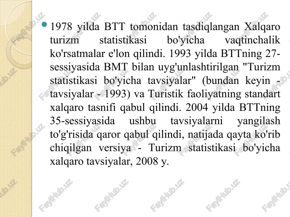 qisqa muddatli kamayish yoki ko‘payishlarga qaramasdan, turizm taraqqiyotida barqaror ko‘payish kuzatilmoqda. turistlarning o‘rtacha yillik kelishining o‘sish sur’atlari 1950 yildan to 2001 yilga qadar 7 % ni tashkil qilgan. kelishlar statistik ma’lumotlari sayohat maqsadlari bo‘yicha guruhlanadi. ya’ni foydalanilgan transport turlari, kelish oylari, turistlarning qaysi hududlar va mamlakatlardan tashrif buyurilganidir. btt jahonni oltita yirik turistik makroregionlarga ajratadi: 1. evropa – g‘arbiy, shimoliy, janubiy markaziy va sharqiy evropa mamlakatlari. ularga mdh respublikalari, shuningdek, sharqiy o‘rta er dengizi (isroil, kipr, turkiya) ham qo‘shiladi. 2. amerika – shimoliy, janubiy, markaziy amerika orol davlatlari va karib havzasi hududlari. 3. osiyo-tinch okeani havzasi – sharqiy va janubiy – sharqiy osiyo mamlakatlari, avstraliya, okeaniya. 4. afrika – afrika davlatlari, misr va liviyadan tashqari. 5. janubiy osiyo – janubiy osiyoning hamma mamlakatlari. 6. yaqin sharq – g‘arbiy va janubiy-g‘arbiy osiyo, misr va liviya. xalqaro turizmning jahon hududlari bo‘yicha dinamikasi keyingi 45 yilda sezilarli farqi ko‘zga tashlanmoqda. sayyoramizda umumiy turistik …