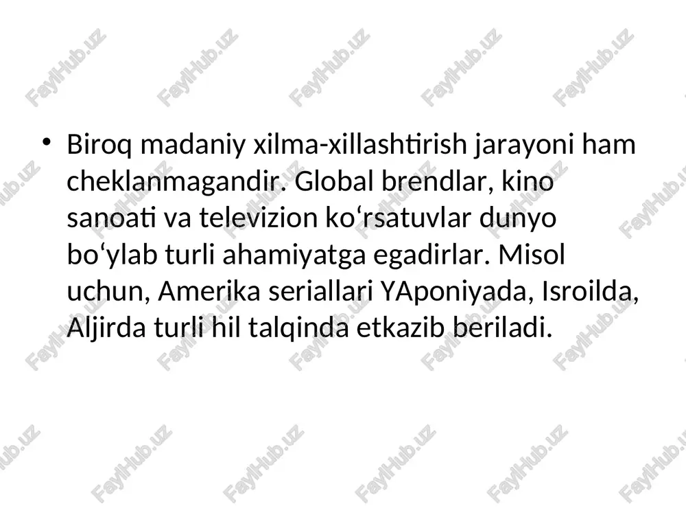dinini farqlarini madaniy guruxlarini ifodalaydi. (birgalikda va milliy chegaralanishdan tashqari). ba’zi geografik hududlar yoki hududiy o‘z madaniyati, qadriyatlari va hayot tarzini ifodalaydi. misol uchun, janubiy-g‘arbliklar, qo‘shma shtatlar hayot tarzini bilishadi. ochiq havoda bo‘ladigan o‘yin kulgular va faol sport turlari. janubiy-g‘arbliklar yana ko‘proq yangilik kiritib yangi angiliya hududining konservativligiga taqqoslashini vujudga keltiradi. ● iqtisodiy va ijtimoiy madaniy guruxlar: odamlarning iqtisodiy-ijtimoiy jamiyatdagi mavqeyini turlichaligini tartibini tenglashtiradi. (turlicha daromad va mol-mulklari). misol uchun, afrikalik-amerikalik madaniy guruxlarning qo‘shma shtatlardagi tez-tez uchraydigan daromad qoidalari, dorilar va ta’limdan mahrum bo‘lishi bilan bog‘liqligini bildiradi. ● yoshga asoslangan madaniy guruxlar: turli xil yoshdagi farqlar tengligini ko‘rsatadi. ba’zi yosh guruxlari o‘zlarining madaniyatini rivojlantiradi. misol uchun, yosh odamlarning kiyinishi, ovqatlanishi, musiqasi, turar joyi, mashinalari va ko‘proq odamlarga qaraganda bo‘sh vaqtlardagi faolligini ustunligidir. ● irqqa asoslangan madaniy guruxlar: turlicha irqlar tartibini bir-biriga tenglaydi ba’zi irqlar o‘zlarining madaniy odat va urflarini rivojlantiradi. yuneskoning madaniy xilma-xillik to'g'risidagi umumjahon deklaratsiyasi 2001 yil 2 noyabrda …