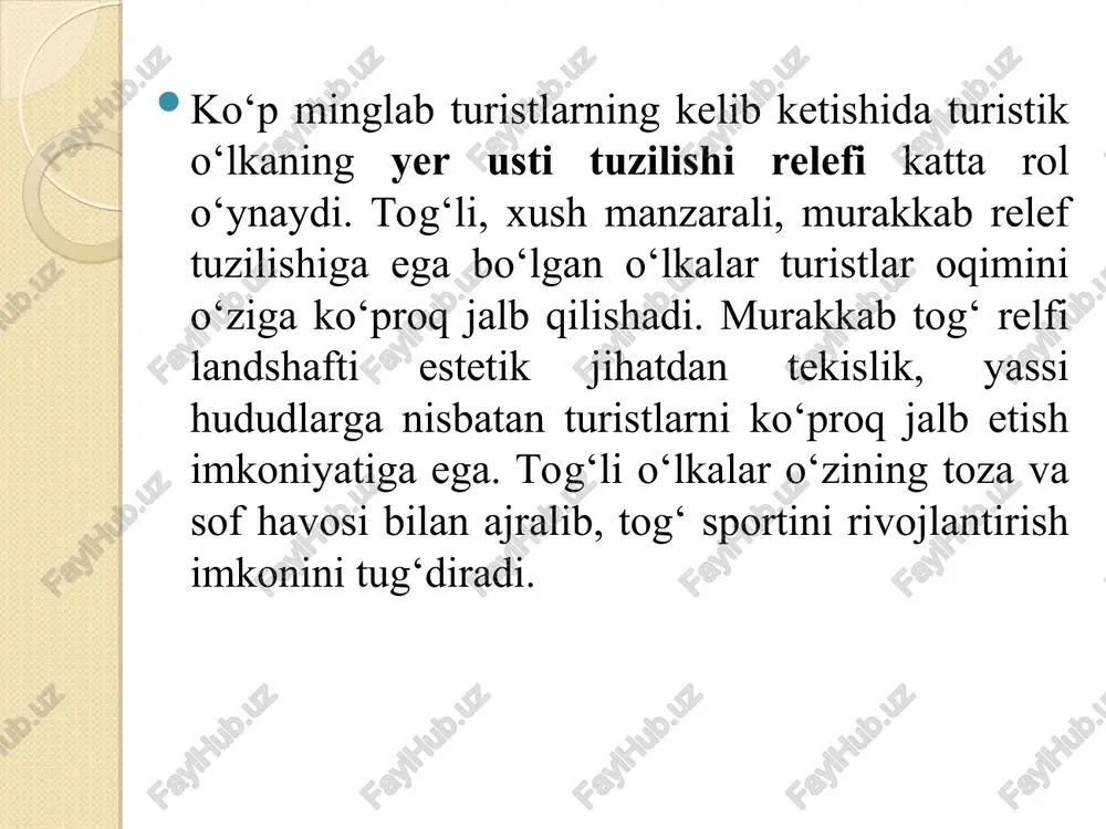 tabiiy iqlim sharoiti etakchi o‘rinni egallaydi. tabiiy išlim sharoiti turizm harakatini mavsumiy harakterga aylantiruvchi asosiy omil bo‘lib hisoblanadi. tabiatda ob-havoning o‘zgarishi, tabiiy ofatlarning tez-tez takrorlanish hodisalari, tabiat injiqliklari turistlar oqimining keskin kamayishiga sababchi bo‘ladi. shu sababli turizmning eng rivojlangan mintaqalari er sharining mutadil iqlim zonalariga to‘g‘ri keladi. jumladan, o‘rtayer dengizi, qora dengiz, karib dengizi, adriatika dengizi, boltiq dengizi, yapon dengizi, janubiy xitoy dengizi qirg‘oqlarida joylashgan mamlakatlarda turizm xalqaro ahamiyatga ega. iqtisodiy geografik omillar. iqtisodiy geografik omillarga turizmning moddiy texnika bazasi, ya’ni mehmonxonalar fondi, umumiy ovqqatlanish korxonalari (restoran tarmoqlari), sport inshootlari, tomosha va sayr qilish, dam olish, bir qator servis xizmati ko‘rsatish ob’ektlari ichki va tashqi kommunikatsiya tarmoqlari avtomobil, temiryo‘l, havo yo‘llari, dengiz va daryo transporti, aloqa vositalari, internet tarmog‘i kiradi. ma’lum bir mintaqada, hududda xalqaro turizmning rivojiga ta’sir etuvchi iqtisodiy-geografik omillarga qo‘yidagilar kiradi: • turstlarni qabul qiluvchi mamlakatlar, mintaqalar, hududlarning iqtisodiy-geografik joylanishi; • turistlarni qabul qiluvchi va turistlar yuboruvchi mamlakatlarning …