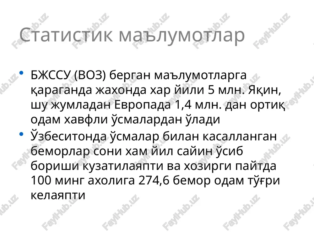 ) qilib, materialni mikroskop yorlamida tekshirish egdfs qilish paytida operatsiya paytida rektoskopiya paytida kolonoskopiya paytida teri-jigar orqali punktsiya qilib diagnostik laparotomiya paytida xavfli o'smalarning rivojlanish bosqichlari 1-bosqich: chegaralangan jarayon 2-bosqich: yaqin orada joylashgan limfatik tugunlarning zararlanishi 3-bosqich: regionar limfatik tugunlarning zararlanishi 4-bosqich: uzoq soxalarda metastazlarning bo'lishi o'sma oldi kasalliklari turli, uzoq davom etuvchi, surunkali. yallig'lanuvchi kasalliklar (surunkali anatsid gastrit, me'daning surunkali kallez yarasi, polipi, surunkali bronxit, retsidivlanuvchi pnevmoniya, yoriqlar, yaralar, papillomlar, giperkeratoz, bachadon bo'yinchasi eroziyasi va x.k.) o'smalarni davolashni asosiy tamoyillari xavfsiz o'smalarni davolash: kapsulasi bilan birga kesib olib tashlash. xavfli o'smalarni davolash kasallikning bosqichiga bog'liq bo'ladi kasallikning 1-2-bosqichida radikal operatsiya kasallikning 3-bosqichida radikal operatsiyani xar doim xam bajarib bo'lmaydi va kombinatsiyalashgan davolash o'tkaziladi kasallikning 4-bosqichida radio-ximioterapiya o'tkaziladi operativ davolashning tamoyilari rak xujaylari disseminatsiyasini operatsiya vaqtida oldini olish – ablastika operatsiya vaqtida limfatik tomirlar, tugunlarni travmatizatsiya qilishni, kesilib ketishini, teshib qo'yishni oldini olish operatsiya maydonini ximoyalash, chegaralash antiblastikani keng qo'llash, …