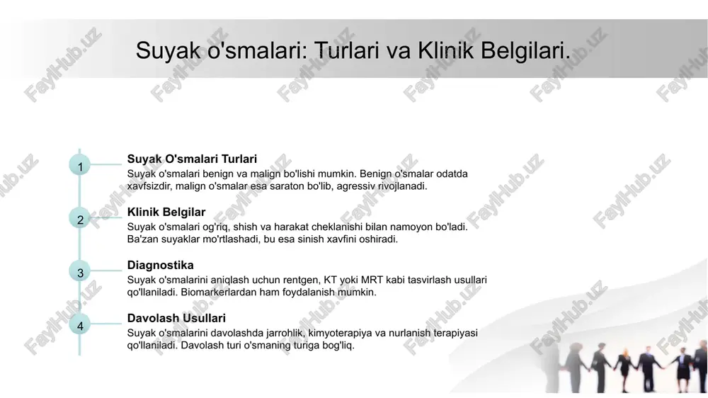 klinik ko'rinishlari, tashxislash qiyinchiliklari va davolash usullarining tibbiyotdagi ahamiyati haqida muhim ma'lumotlar beradi. 2 prognoz omillari - o'sma turi, joylashuvi va davolashga javob berishi yumshoq to'qima o'smalarining prognozini aniqlashda muhim omil sifatida hisoblanadi. 3 davolash natijalari - yumshoq to'qima o'smalari bilan bog'liq davolash natijalari bemorning umumiy salomatligi va hayot sifati uchun muhim ahamiyatga ega. xulosa suyak va bo'g'im o'smalari suyak va bo'g'im o'smalari to'g'risida tushuncha orttirish muhim. ularning turlari va alomatlari diagnostikada muhim rol o'ynaydi va davolashni talab qiladi. artroz va artrit ta'siri artroz va artrit kasalliklari odamlarning hayot sifatiga ta'sir ko'rsatadi. ularning jamiyatdagi o'rni va davolash usullari muhim o'rin tutadi. yumshoq to'qima o'smalari yumshoq to'qima o'smalari va ularning diagnostikasi, terapiya usullari bilan kurashish klinik ahamiyatga ega. ushbu jarayonlar kelajakda yaxshilanish imkonini beradi. e'tiboringiz uchun rahmat! image1.jpeg /docprops/thumbnail.jpeg