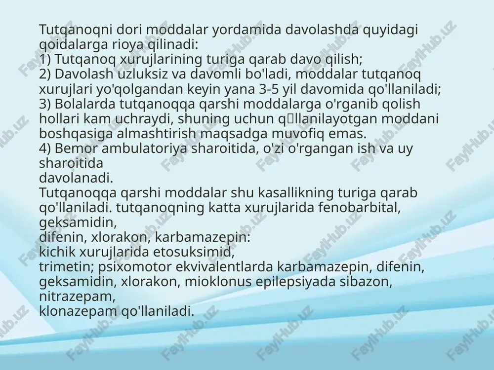 zoliombik; 3.nigrastrial; 4.tuberoinfundibukar yo’l. bu kasalikda nigrastrial yo’ldagi dofaminergik neyronlar degeneratsiyaga uchraydi. dofaminergik neyron xolinergik neyrondagi va glutamatergik neyrondagi d2 retseptorlari orqali ax va gamk ishlab chiqilishini bloklaydi. dofaminergik neyron degeneratsiyasi tufayli xolinergik neyrondan ach va glutamargik neyrondan gamk ko’p miqdorda ishlab chiqiladi. ach retseptorlarga ta’sir ko’rsatishi natijasida-tremor, rigidlik; gamk tufayli esa bradikineziya yuzaga keladi. dofamin organizmda prekursori levodopadan dofa dekarboksilaza orqali periferiyada va mns da ishlab chiqariladi. parkinsonizm kasalligida qoʻllaniladigan dorilar: tolkapon- komt ingibatori,inkativ dopac ka aylanishini kamaytiradi bromokriptin, ropinirol, pramikserol, dofaminergik retaeptor agonistlari amantidin- dofamin ajralishini oshiradi, dofamin qayta oʻzlashtirilishini ingibirlaydi, nmda blokatori sifatida ishlatiladi. - levodopa-. og'izdan yuborilgan levodopaning ko'p miqdori jigar, ichak, buyrak to'qimalarida ham dekarboksillanib, dofaminga aylanadi, ushbu dofamin esa gematoensefalik to'siqdan o'tolmaydi. levodopaning shu to'qimalarda dofaminga aylanishini sekinlashtirish uchun dofa ni dofaminga aylantiradigan dofamindekarboksilaza fermentining ingibitorlari - karbidopa, benserazid moddalari bilan birga qo'llaniladi, ingibitorlar bilan birga tayyorlangan tabletkalar nakom (levodopa+karbidopa), madopar (levodopa+benserazid) parkinsonizm holatlarini …