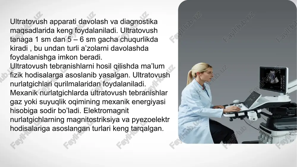 lanuvchi jismlarning tezligiga to'g'ridan-to'g'ri proportsionaldir. sensorga yo'naltirilgan harakat chastotaning oshishi bilan, sensordan harakat esa pasayish bilan namoyon bo'ladi. ushbu hodisa avstriyalik fizik olim k. dopler (k. doppler) nomi bilan atalgan, uni birinchi marta 1842 yilda tasvirlab bergan. dopplerografiya usulining mohiyati doppler sonografiyasi-bu dopler ta'siriga asoslangan ultratovush diagnostikasi usuli: harakatlanuvchi qizil qon hujayralaridan aks ettirilgan ultratovush to'lqinlari chastotasining o'zgarishi. doppler chastotasining o'zgarishi qon oqimining tezligi va yo'nalishini baholashga imkon beradi. monitor ekranidagi to'qimalarga bir qator ultratovush impulslarining uzatilishi natijasida ma'lum bir chuqurlikda vaqt o'tishi bilan qon oqimi tezligining o'zgarishini ko'rsatadigan grafik olinadi (doppler spektri yoki qon oqimidan keladigan aks-sadolarning chastota spektri). bunday spektral (yoki impulsli) rejim qon oqimini baholash asosida bir qator muhim parametrlarni hisoblash imkonini beradi. ultratovushli dopplerografiya usuli (yoki "ko'r doppler") qon oqimi jadvaliga asoslanib, faqat bitta funktsiyani-tomirning o'tkazuvchanligini baholashga imkon beradi. xulosa hozirgi kunda ultratovushdan keng ko’lamda foydalanilmoqda. ultratovushni fizik , texnik va biologik asoslarini bilish ultratovush tashxis …