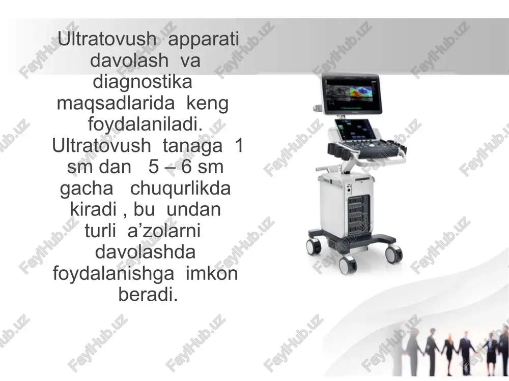 a nisbatan aks qaytgan signallar amplitudasini o’zgarishi (a - usulda ehogramma ) tasvirda ko’rsatiladi. a usulda oftolmologiya , bosh miyani transkranial tekshiruvlarda shuningdek , burun va peshona bo’shliqlarini o’lchashda ishlatiladi. b usul. ikki o’lchamli skanerlash yoki ikki o’lchamli akustik tasvir olish usuli bo’lib , ultratovush nurini tekshirilayotgan tekislikda ketma – ket siljitish ( skanerlash ) orqali biologik to’qimalarga yo’naltiriladi va qatlamlar nojinsliklaridan aks qaytgan signallar qabul qilinadi. qabul qilingan signallar to’plami ultratovush o’tgan barcha to’qimalarni ekranda ikki o’lchamli akustik tasvirni tuzishga imkon beradi. shu yo’l bilan olingan ikki o’lchamli tasvir v – ehogramma deyiladi. m usul. qatlamlarni fazoviy holatini (harakatini ) vaqt davomida o’zgarishini akustik tasvirini olish imkonini beradi. nomlanishi ham shundan : inglizcha “motion “ – harakat deganidir. bu usul kardiologiya va angiologiyada qo’llaniladi. ko’p hollarda m usul yurak qatlamlarini harakatini o’rganishda ishlatiladi. m usulda tasvir olish. real vaqt rejimi – vaqt mobaynida o’zgaruvchi jarayonga mos tasvir olish , …
