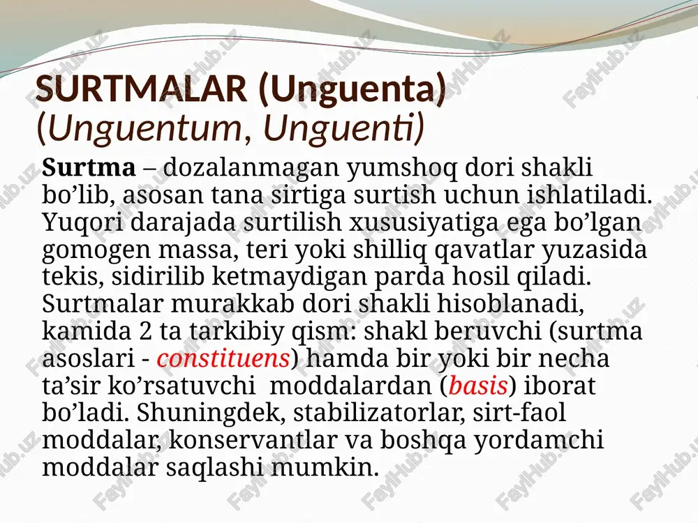 ozish buyurilsin. rp.: unguenti zinci 10,0 d.s. ko’zga surtish uchun. pastalar (pasta, pastae) bu yumshoq, dozalanmagan dori shakli bo’lib, tarkibida 20% dan 60% gacha sochma holdagi quruq moddalar – talk (talcum), kraxmal (amylum), rux oksidi (zinci oxydum), oq tuproq (bolus alba) va boshqalar saqlaydi. shu sababli, pastalarda yallig’lanishga qarshi ta’siri bilan bir qatorda adsorbsiya va quritish xossalari ham bor. pasta xuddi surtmalar kabi, asosiy dori moddasi (basis) hamda surtma asosi deb ataladigan shakl beruvchi moddadan (constituens) iborat. pastalar magistral va ofisinal bo’ladi. magistral pastalarga reseptlar faqat kengaytirilgan shaklda yozilib, pasta tarkibiga kiruvchi barcha ingredientlarning nomi va miqdori ko’rsatiladi. resept m.f. pasta, keyin d.s. deb tamomlanadi. misol. 50 g vazelinli pasta uchun resept yozing. uning tarkibida 5% anestezin va 25% rux oksidi bo’lsin. hisob: anestezin 100,0 – 5,0 50,0 – x x= 50*5/100=2,5 anestezin rux oksidi 100,0 – 25,0 50,0 – x x=50*25/100=12,5 rux oksidi rp.: anaesthesini 2,5 zinci oxydi 12,5 …