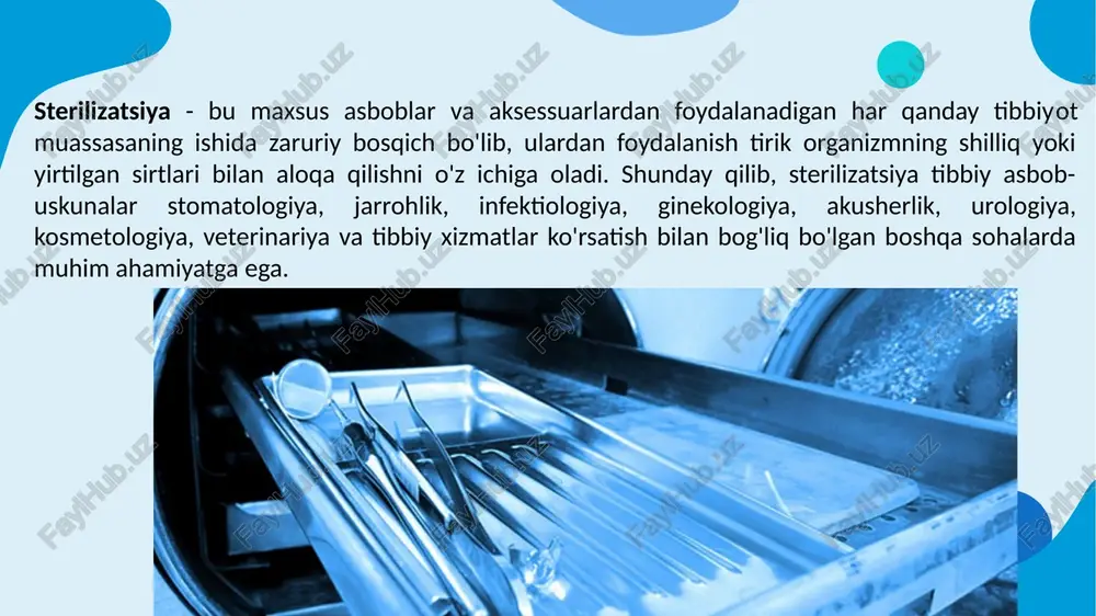 zarur darajadan oshib ketganda bug'ning chiqishi uchun xavfsizlik klapanidan va avtoklav haroratini o'lchash uchun termometrdan iborat. bundan tashqari, konstruksiyada suv isitgichli bug‘ qozoniniham nazarda tutadi. u qaynatilganda, bug 'avtoklav kamerasiga kiradi. tibbiy asboblarni sterilizatsiya qilish uchun avtoklavni tanlashda, en 13060:2004 evropa standartiga muvofiq avtoklavlarning uchta sinfi mavjudligini hisobga olish kerak: n, s va b. n sinfidagi avtoklavlar (oldindan evakuatsiya va vakuumda quritmasdan) qattiq, silliq asboblarni va bo'shashgan mato materiallarini sterilizatsiya qilish uchun mo'ljallangan. s sinfidagi avtoklavlar qattiq, silliq asboblarni, shuningdek, qadoqlangan yoki qadoqlanmagan ishshuvchan materiallarni sterilizatsiya qilish uchun ishlatiladi. b sinfidagi avtoklavlar (oldindan evakuatsiya qilish va vakuumda quritish bilan) har qanday paketdagi barcha tibbiy asboblarni, choyshabni va kiyimni sterilizatsiya qilish uchun javob beradi. ayniqsa, stomatologiyada murakkab ichki kanalli qo'l asboblarini sterilizatsiya qilish va qattiq endoskoplarni sterilizatsiya qilish uchun jarrohlikda talab katta. sterilizatsiya jarayonini osonlashtirish uchun tibbiyot sanoati tegishli sterilizatsiya uskunalarini taklif qiladi: yuvish-dezinfektsiyalash moslamalari, distillyatorlar va suv tozalash tizimlari, sterilizatsiya …