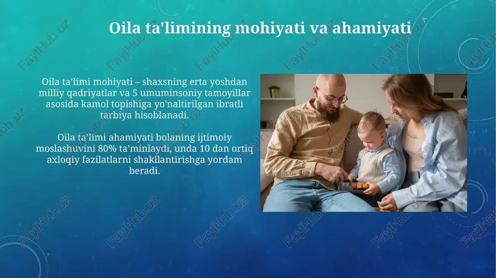 , uning 5 ta asosiy hissiyotini (quvonch, qayg'u, g'azab, qo'rquv, jirkanish) boshqarish ko'nikmalarini shakllantirish zarur. oila ta'limida pedagogik yondashuvlar oila ta'limida bolaning individual xususiyatlarini hisobga olgan holda, erta rivojlanish davrida shaxsni shakllantirishga qaratilgan 3 asosiy pedagogik yondashuv qo'llaniladi. oila ta'limida pedagogik yondashuvlar bolaning qobiliyatlarini aniqlash va 5 asosiy yo'nalishda rivojlantirish uchun o'yin texnologiyalari va interaktiv usullarni keng qo'llaydi. oila ta'limini mustahkamlash yo'llari ota-onalarning pedagogik bilimlarini oshirish, muntazam treninglar va 100 dan ortiq amaliy mashg‘ulotlar orqali oilaviy munosabatlarni mustahkamlashga erishish muhim. bolalarning ruhiy salomatligini mustahkamlash maqsadida, psixologik xizmatlarni 2 barobar kuchaytirish va oilaviy nizolarni kamaytirishga e'tibor qaratish zarur. e'tiboringiz uchun rahmat image4.png image2.png image5.jpg image6.jpg image7.jpg image8.jpg image9.jpg image10.jpg image11.jpg image12.jpg image13.jpg image14.jpg image15.jpg image16.jpg