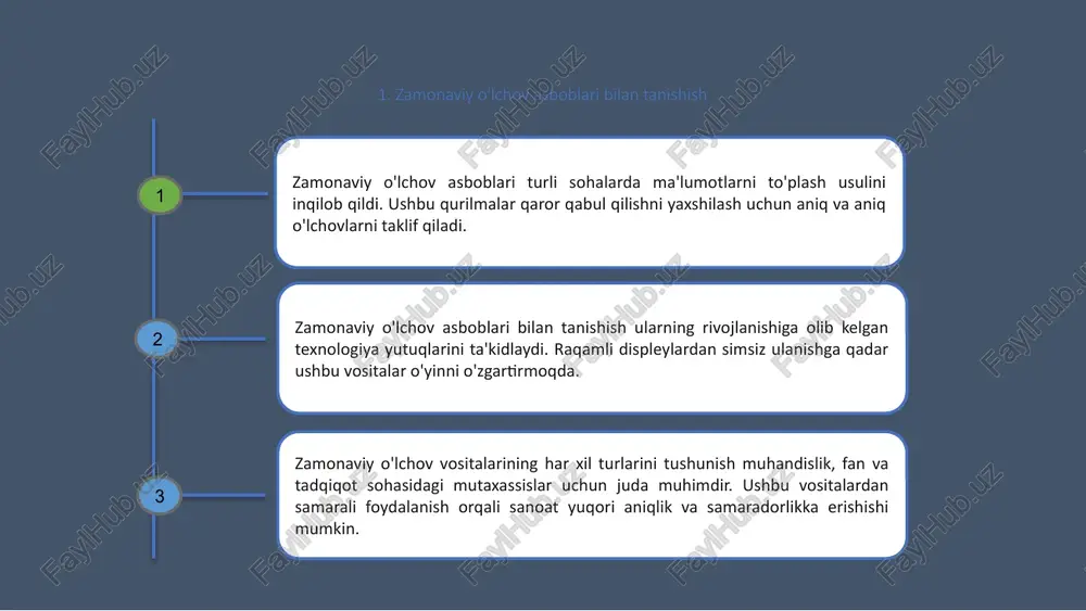 ishni ta'minlashni o'z ichiga oladi. ushbu asboblar yuqori standartlarni saqlashga va potentsial xavflarning oldini olishga yordam beradi. texnologiyaning rivojlanishi bilan zamonaviy o'lchash asboblari yanada murakkab va samarali bo'lib bormoqda. ular endi ma'lumotlarni real vaqt rejimida to'plashi va tahlil qilishi mumkin, bu esa tezroq qaror qabul qilish va umumiy samaradorlikni oshirish imkonini beradi. 6. raqamli o'lchash asboblaridan foydalanishning afzalliklari raqamli o'lchash asboblari an'anaviy analog asboblarga nisbatan bir qator afzalliklarga ega. ular aniqroq va aniq o'lchovlarni ta'minlaydi, bu ularni yuqori aniqlik talab qiladigan vazifalar uchun ideal qiladi. bundan tashqari, raqamli asboblarni o'qish va talqin qilish odatda osonroq, chunki ular ma'lumotni aniq va tushunarli formatda taqdim etadi. bu vaqtni tejash va o'lchovdagi xatolar xavfini kamaytirishi mumkin. bundan tashqari, raqamli o'lchash asboblari ko'pincha ko'p qirrali bo'lib, analog asboblarga nisbatan kengroq o'lchash imkoniyatlarini taklif qiladi. bu ularni turli sohalarda turli xil ilovalar uchun mos qiladi. 1 2 3 7. analog va raqamli o'lchash asboblarini solishtirish …