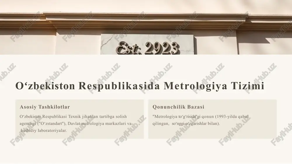 tsiyalar sunʼiy intellekt va iot yordamida o‘lchov tizimlarining takomillashtirilishi, bu ularni yanada tezroq, aniqroq va samaraliroq qiladi. kelajakda metrologiyaning rivojlanish istiqbollari 1 innovatsiyalar nanotexnologiyalar va kvant metrologiyasi 2 xalqaro hamkorlik xalqaro standartlarni birlashtirish 3 taʼlim metrologiya sohasida malakali mutaxassislarni tayyorlash xulosa davlat metrologiya xizmatining ahamiyati: o‘lchovlarning ishonchliligini taʼminlash orqali iqtisodiyot, ilm-fan va hayot sifati yaxshilanadi. takliflar: metrologiya sohasida yangi texnologiyalarni joriy qilish va mutaxassislarni tayyorlash. foydalanilgan adabiyotlar normativ hujjatlar va qonunlar. o‘zbekiston respublikasi standartlashtirish agentligining materiallari. xalqaro tashkilotlarning rasmiy veb-saytlari (masalan, iso.org). image1.jpg image2.jpg image3.jpg image4.jpg image5.png image6.png image7.jpg image8.png image9.png image10.jpg image11.jpg image12.jpg image13.png