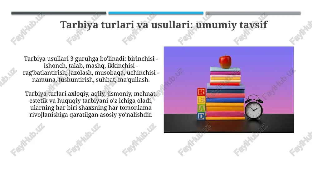 larni 2 xil metod bilan o'rgatishlari mumkin: to'g'ridan-to'g'ri va bilvosita. mehnat tarbiyasi: kasbga yo'naltirish mehnat tarbiyasi orqali shaxsda mehnatga ijobiy munosabat shakllantiriladi, erta kasbiy yo'nalish berishda muhim, 7-11 sinflarda kasb tanlashga yordam beradi. kasbga yo'naltirish mehnat tarbiyasining ajralmas qismi bo'lib, o'quvchilarning qiziqishlari, qobiliyatlari va jamiyat ehtiyojlari asosida 9-10 yoshdan boshlanishi lozim. jismoniy tarbiya: sog'lom turmush tarzini targ'ib qilish jismoniy tarbiya orqali bolalarda 6-17 yoshda sog'lom turmush tarzini shakllantirish, muntazam mashq qilish va to'g'ri ovqatlanish madaniyatini rivojlantirish muhimdir. sog'lom turmush tarzini targ'ib qilishda ertalabki badantarbiya (10-15 daqiqa), kun davomida faol harakatlar va sport sektsiyalariga qatnashish (haftada 2-3 marta) katta ahamiyatga ega. tarbiya usullarini amaliyotga tatbiq etish bo'yicha tavsiyalar bolalarning individual xususiyatlarini hisobga olgan holda, 7 ta asosiy tarbiya uslubidan (masalan, rag'batlantirish, jazolash) optimal kombinatsiyasini qo'llash muhim. o'quv jarayonida 'natijaga yo'naltirilgan tarbiya' tamoyilini tatbiq etish orqali o'quvchilarning 5 ta asosiy kompetensiyasini (bilim, ko'nikma, malaka) rivojlantirish maqsadga muvofiq. e'tiboringiz uchun rahmat image1.png image2.jpg …