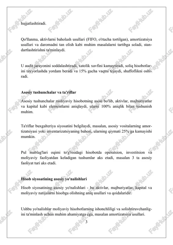 kabi hujjatlar 75 yilgacha saqlanishi kerak, qonunchilik talablari 21-moddaga ko'ra. hisob registrlari va ularning turlari hisob registrlari buxgalteriya hisobining asosiy vositasi bo'lib, biznes operatsiyalari va moliyaviy ma'lumotlarni tizimli ravishda 100 dan ortiq turli xil formatda qayd etish uchun ishlatiladi. bosh daftar – eng muhim registr bo'lib, unda barcha aktivlar, majburiyatlar va kapital hisoblari jamlanadi hamda buxgalteriya hisobining asosiy tenglamasi 100% balansda bo'lishini ta'minlaydi. maxsus jurnallar, masalan, sotuv jurnali, xaridorlar va yetkazib beruvchilar bilan bog'liq 500 dan ortiq kundalik operatsiyalarni soddalashtirishga yordam beradi, har bir tranzaktsiyani yozib boradi. hisobvaraqlar rejasi “hisobvaraqlar rejasi” bu buxgalteriya hisobining asosiy elementi boʻlib, 10 dan ortiq boʻlimlarni qamrab olgan holda, aktivlar, majburiyatlar va kapitalni sinflarga ajratadi. ushbu reja 95 dan ortiq hisobvaraq sintetik hisobvaraqlarni oʻz ichiga oladi, har biri biznes operatsiyalarini yuritish va moliyaviy hisobotlarni tuzish uchun mo'ljallangan. “hisobvaraqlar rejasi”da 6310 – “xaridorlar bilan hisob-kitoblar” kabi hisobvaraqlari mavjud, ular debitorlik qarzlarining hajmini va dinamikasini aniq aks …