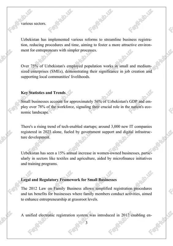 dized loans to small businesses via state programs, often covering up to 75% of project costs with interest rates significantly below market averages like 14-16%. microfinance organizations (mfos) are crucial, providing smaller loans averaging $5,000-$10,000, catering to businesses that lack collateral for traditional bank loans, featuring flexible repayment terms. the government encourages venture capital through tax incentives and co-investment funds, targeting innovative startups with high growth potential, typically investing sums from $50,000 to $500,000. government support programs and initiatives the "every family entrepreneur" program allocates concessional loans up to 33 million uzs at reduced rates, fostering micro-businesses and boosting self-employment in rural regions. uzbekistan's government introduced tax holidays for newly registered small businesses, exempting them from certain taxes for the first 3 years, aiding early-stage growth. the state fund for support of entrepreneurship offers guarantee support covering up to 50% of loan amounts, improving access to finance for smes with …