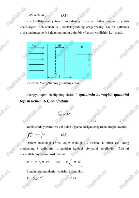 fof erituvchida eritilgan moddada yutilishida, yutilish yorug‘lik nurining eritmadagi yo‘l uzunligi birligiga to‘g‘ri keladigan yutuvchi molekulalar soniga proporsional ekanini ko‘rsatadi. yo‘l birligiga to‘g‘ri keladigan molekulalar soni eritma konsentratsiyasi s ga proporsional bo‘lgani uchun k yutilish koeffitsiyenti s ga proporsional bo‘ladi, bundan esa deb olish mumkin. bundagi - eritma konsentratsiyasiga bog‘liq bo‘lmaydigan, faqatgina yutuvchi modda molekulalarining xususiyatlari bilan belgilanuvchi yangi o‘zgarmas koeffitsiyentdir. k ning bu qiymatini (5.4) formulaga qo‘ysak . (5.5) (-koeffitsiyent eritma konsentrasiyasiga bog‘liq emas degan tasdiq beyer qonuni deb ataladi. bu qonun har bir molekulaning xususiyatini unga qo‘shni molekulalarning mavjudligi o‘zgartirmagandagina bajariladi. yuqori konsentratsiyali eritmalarda molekulalarning o‘zaro ta’sirlari sezilarli bo‘ladi va unda beyer qonuni bajarilmay qoladi. bu qonun bajarilgan hollarda (5.5) munosabat yorug‘likning eritmada yutilish darajasiga qarab eritma konsentratsiyasini aniqlash imkoniyatini beradi. yuqori konsentratsiyali eritmalarda beyer qonunidan chetlanish mavjud. 2. yorug‘lik dispersiyasi yorug‘lik dastasi uch yoqli prizmadan o‘tayotganda, nur prizma asosiga tomon og‘adi. ammo bu yorug‘lik oq yorug‘lik dastasi …