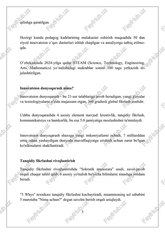 larni o'rganish imkoniyatini beradi. ma'lumotlarni tahlil qilish vositalari o'qituvchilarga o'quvchilarning muvaffaqiyatini kuzatish va shunga mos ravishda individual o'quv dasturlarini ishlab chiqishga yordam beradi, o'zgarish 20-30% gacha bo'lishi mumkin. global istiqbolni kengaytirish ta’lim jarayonida global istiqbolni kengaytirish deganda, o’quvchilarga 21-asr ko’nikmalarini, jumladan, tanqidiy fikrlash va muammolarni hal qilishni o’rgatish nazarda tutiladi. millatlararo tushunishni rivojlantirish uchun o'quv dasturlariga global kontekstlar va kamida 2 ta chet tilini integratsiya qilish muhim ahamiyatga ega. innovatsion nuqtai nazarni rivojlantirish uchun o’quvchilarning global loyihalar va almashinuv dasturlarida ishtirok etishi talab etiladi, bu esa kamida 3 ta qit’ani qamrab olishi kerak. madaniy xilma-xillikni qadrlash madaniy xilma-xillikni qadrlash orqali 1948-yildagi inson huquqlari umumjahon deklaratsiyasining 27-moddasiga muvofiq madaniy merosga kirish huquqini ta’minlash ta’kidlanadi. 100 dan ortiq etnik guruh mavjud boʻlgan jamiyatda madaniy xilma-xillikni qadrlash tolerantlik va oʻzaro hurmatni rivojlantirish orqali ijtimoiy birdamlikni mustahkamlaydi. unesconing 2001-yildagi madaniy xilma-xillik to‘g‘risidagi umumjahon deklaratsiyasi madaniy xilma-xillikni qadrlash insoniyat uchun 7 milliarddan ortiq noyob hikoyalarni …