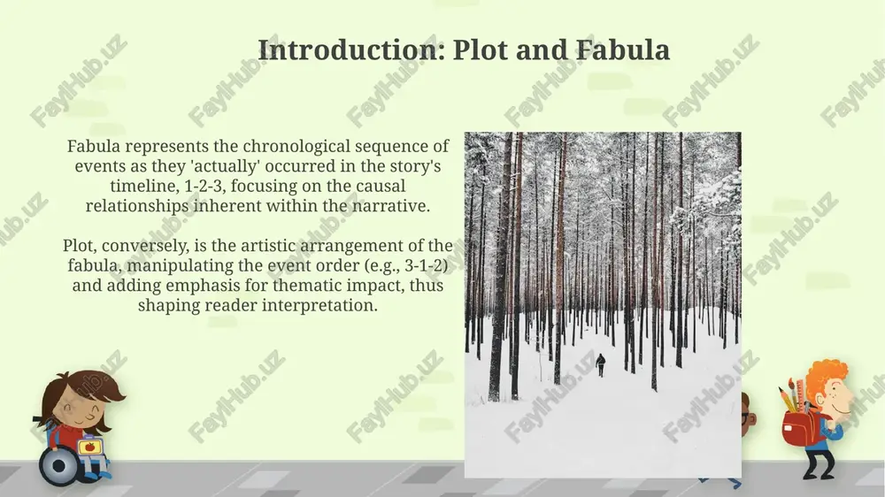 th and choices. this recurring element emphasizes the plot's inherent decision-making process throughout. the role of symbolism in plot development symbolism introduces plot tension, as ambiguous symbols like the “woods” with their multiple interpretations, influence the narrator's decision to resist temptation in verse 12. the 'snow' acts as a central symbol, furthering the plot by representing peace, isolation, or even a metaphorical death the character confronts in lines 5 through 8, impacting decisions. narrative perspective and its impact on plot first-person narration, employing 'i,' offers limited perspective. the plot hinges on this one character's interpretation, potentially creating bias and impacting reliability for the reader's 360-degree view. third-person omniscient perspective grants access to multiple characters' thoughts, emotions, and histories, broadening the scope and influencing the plot's development across diverse story threads. comparing fabula and plot in 'stopping by woods' the fabula is linear: a traveler pauses by woods, considers staying, then …