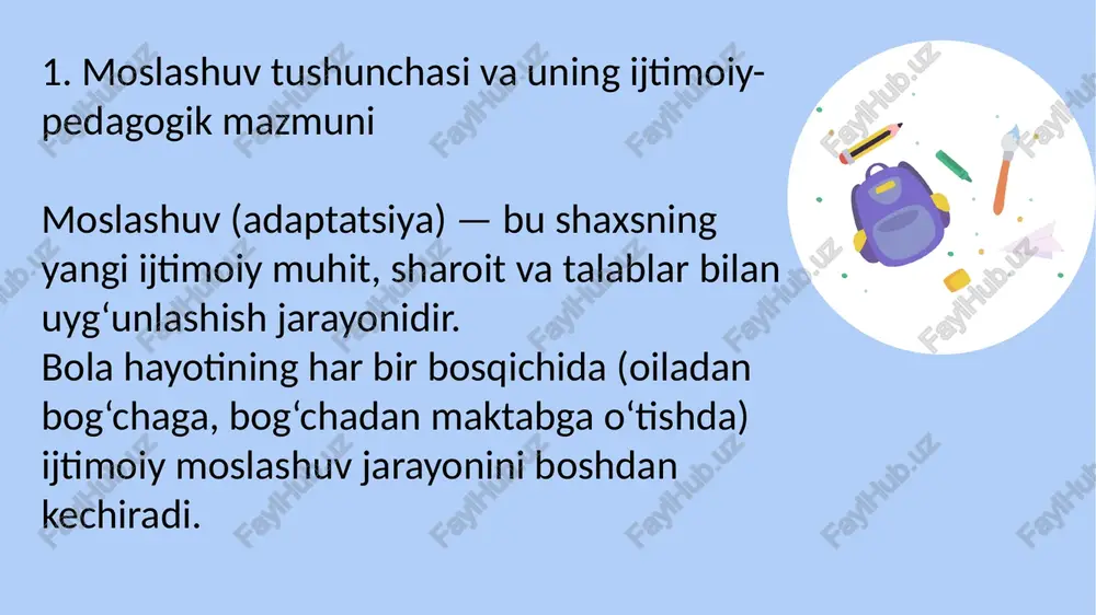 usobaqalar orqali ijtimoiy faollikni oshirish. 5. pedagoglar va psixologlar hamkorligi – bola moslashuv jarayonini ilmiy asosda boshqarish. ahamiyati: bola ijtimoiy muhitga tez kirishadi; o‘ziga ishonch hosil qiladi; jamoada o‘z o‘rnini topadi; ijobiy his-tuyg‘ular shakllanadi; ta’lim va tarbiya jarayoni samaradorligi oshadi. etiboringiz uchun raxmat! image1.png image2.png image3.png image4.png image5.png image6.png image7.png