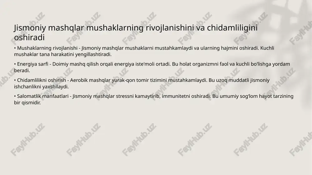 irgalikda samarali ishlashga o‘rgatadi. yaxshi rivojlangan koordinatsiya kunlik yashashdagi vazifalarni oson bajarishga yordam beradi. • muvozanatni oshirishda mashqlar - muvozanatni saqlashga qaratilgan mashqlar tananing o‘zini joyida ushlab turish qobiliyatini rivojlantiradi. bu sportchilar va harakatda faollik talab etadigan shaxslarda ayniqsa muhim. • mashqlarning nerv tizimiga ta’siri - mashqlar nerv tizimini mustahkamlaydi, harakatlarning aniqligini oshiradi. koordinatsiya mashg‘ulotlari miyani ham faollashtiradi, stressni kamaytiradi. • tananing moslashuvchanligini oshirish - mashqlar tanani moslashuvchanlikka va ko‘p harakatlarga tayyorlaydi. to‘g‘ri mashg‘ulotlar muvozanatni saqlashni qulayroq qiladi va jarohat olish xavfini kamaytiradi. mashqlar immun tizimini kuchaytirishga yordam beradi • mashqlarning jismoniy ta'siri - mashqlar qon aylanishini yaxshilaydi va organizmni zararli mikroorganizmlardan himoya qilishga yordam beradi, bu sog'likni mustahkamlaydi. • stressni kamaytirishdagi roli - mashqlar dofamin va serotonin miqdorini oshiradi, bu stressni kamaytiradi, stress kamligi immun tizimining faol ishlashini ta'minlaydi. jismoniy mashqlar uyqu sifatini yaxshilashga yordam beradi • mashqlar organizmni tinchlantiradi - jismoniy mashqlar stress darajasini kamaytiradi va organizmni tinchlantiradi, …