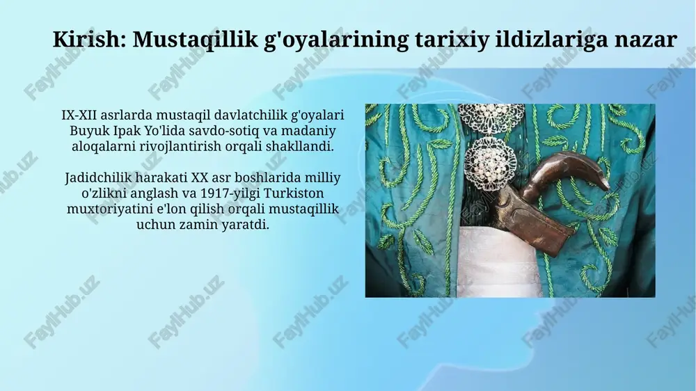 milliy o'zlikni anglashga turtki bo'ldi. turkiston muxtoriyati: birinchi milliy davlat qurish tajribasi turkiston muxtoriyati 1917-yil noyabrda turkiston oʻlkasi musulmonlarining iv favqulodda qurultoyida eʼlon qilindi va u qisqa muddatli (1918-yil fevralgacha) davlat tuzilmasi boʻldi. muxtoriyatning asosiy maqsadi turkiston oʻlkasida demokratik tamoyillarga asoslangan milliy davlat qurish, mahalliy aholi huquqlarini himoya qilish va madaniy merosni saqlash edi. sovet davri: milliy siyosat va uning oqibatlari 1920-yillarda milliy hududlashtirish siyosati o'zbekiston ssrning sun'iy chegaralarini yaratdi va bu hududiy nizolarga sabab bo'ldi. 1930-yillardagi qatag'onlar ziyolilarning yo'q qilinishiga olib keldi, milliy o'zlikni shakllantirishga salbiy ta'sir ko'rsatdi hamda milliy ruhni sindirdi. ikkinchi jahon urushi: milliy hissiyotlarning kuchayishi urush davrida 1,5 milliondan ortiq o‘zbekistonlik frontga safarbar etildi, bu esa respublikada milliy birdamlik va vatanparvarlik tuyg‘usini kuchaytirdi. ikkinchi jahon urushi o‘zbekiston iqtisodiyotini qayta qurishni talab qildi; 100 dan ortiq sanoat korxonalari evakuatsiya qilindi, bu esa respublikaning rolini oshirdi. 1980-yillar: qayta qurish va oshkoralik davri 1980-yillarda «qayta qurish» siyosati iqtisodiy tanazzulni …