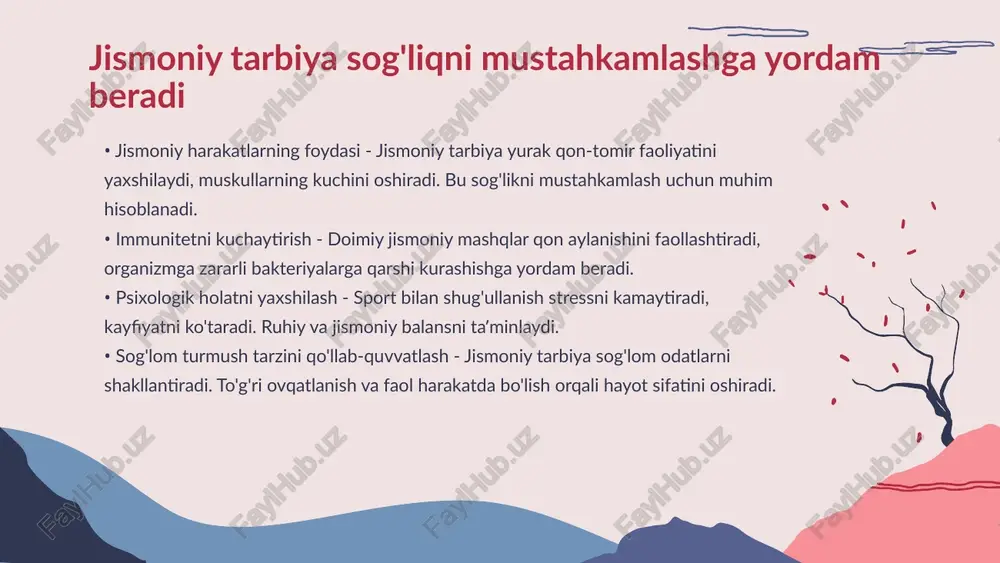 yurakni mustahkamlashda mashqlar - aerobik mashqlar yurakka yaxshi ta'sir ko'rsatadi, chunki yurak mushaklarini kuchliroq ishlashga undaydi. yurak muskuli tizimli ravishda rivojlanadi. • sog'lom hayot uchun tavsiyalar - kamida haftada uch marta yurakni faollashtiruvchi harakatlarga vaqt ajratish tavsiya etiladi. yurak faoliyatining muntazamlashishi sog'lom hayot kechirishga ko'mak beradi. • mashg'ulotlarning uzoq muddatli foydasi - ratsional mashg'ulotlar yurak kasalliklari xavfini kamaytiradi va qon bosimini me'yorda ushlab turishga yordam beradi. doimiy mashqlar sog'lomlikni ta'minlaydi. muntazam mashg'ulotlar yurak faoliyatini yaxshilaydi • jismoniy faoliyatning ahamiyati - sportning muntazam mashg'ulotlari jismoniy sog'likni yaxshilaydi, organizmning chidamliligini oshiradi va kasalliklarni oldini olishda muhim rol o'ynaydi. • ruhiy salomatlikka ta'siri - sport motivatsiya va stressni kamaytirishga yordam beradi, shuningdek, kayfiyatni ko'taradi va ruhiy barqarorlikni ta'minlaydi. sport sog'lom turmush tarzini targ'ib qiladi • mashqlarning suyaklarga foydasi - jismoniy mashqlar suyaklarning zichligini oshiradi, bu suyaklarning mustahkam bo‘lishini ta’minlaydi. • o‘rta va yoshi kattalar uchun mashqlar - o‘rta yosh va yoshi kattalarda muntazam …