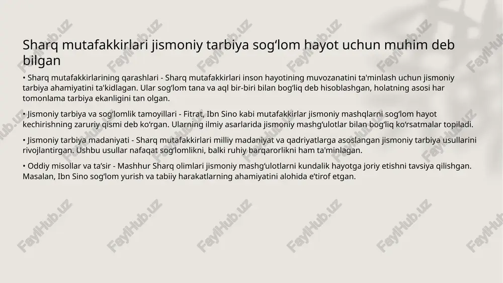 idlagan. • salomatlik va jismoniy faoliyat - salomatlikni ta’minlashda jismoniy tarbiya muhim ahamiyat kasb etadi. ibn sino kabi olimlar jismoniy mashqlar orqali turli kasalliklarning oldini olish mumkinligini yozib qoldirgan. al-xorazmiy jismoniy faollikni intellektual yuksalish uchun zarur deb bilgan • al-xorazmiy hayoti va ta'limga munosabat - al-xorazmiy o'rta asr matematik va faylasuf bo'lgan. u barqaror fikrlash va ilmiy yondashuv asosida jismoniy faollikni aqliy rivojlanish uchun zarur deb hisoblagan. uning qarashlari bugungi kunda ham ahamiyatini yo'qotmagan. • jismoniy faollikning roli - jismoniy mashqlar miya faoliyati va konsentratsiyani yaxshilaydi. xorazmiy bu omilga katta e'tibor berib, buni mehnat unumdorligi va ilmiy kashfiyotlarda qo'llagan. • ilmiy va jismoniy muvozanat - xorazmiy faol mashaqqat tarkibida jismoniy va ilmiy faoliyatni birlashtirishni ta'kidlagan. bu yondashuv hayot sifatini oshirish uchun muhim deb topilgan. • merosning davomiyligi - xorazmiy jismoniy va intellektual rivojlanish tamoyillarini nafaqat o'z asarlarida, balki umumbashariy meros sifatida qoldirgan. uning asoslari jismoniy xatti-harakat va o'qish birligini ta'minlaydi. …
