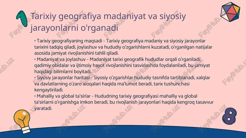 grafiyaning umumiy maqsadi - tarixiy geografiya o‘tgan davrlarning landshaftlari va resurslarini qiyosiy tahlil qiladi, ular jamiyat rivojlanishiga ta’sir ko‘rsatadi. • tabiiy resurslarni o'rganish usullari - resurslarni geografik tarqalishi va tarixiy sharoitlarda ishlatilishi ilmiy metodlar vositasida aniqlanadi. geografik omillar tarixiy rivojlanishga ta'sir qiladi • tabiiy sharoit va aholi joylashuvi - daryolar, tog'lar va tekisliklar kabi geografik jihatlar aholi joylashuvi va shaharlarning rivojlanishiga ta'sir qiladi. masalan, o'rta osiyoning daryo bo'ylaridagi shaharlar iqtisodiy markazlarga aylangan. • iqlim va qishloq xo'jaligi - iqlim sharoitlari qishloq xo'jaligi rivojiga bevosita ta'sir ko'rsatadi. sug'oriladigan hududlarda yerlar unumdor bo'lib, qadimiy madaniyatlar shakllangan. image1.jpg image2.jpg image3.png image4.png image5.jpg image6.jpg