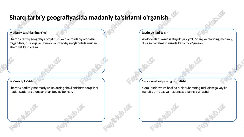 gan. sharq tarixiy geografiyasida kartografiyaning roli ilmiy tadqiqotlarda kartografiya ilmiy tadqiqotlarda qadimiy xaritalar sharqning savdo, siyosiy taqsimlashi va madaniyatiga oid ma’lumotlarni boyitadi. sharq tarixiy geografiyasida kartografiyaning roli sharq tarixini o‘rganishda xaritalar sharq xaritalari madaniyatlar va hududiy aloqalar tarixi haqida to‘liq tasavvur beradi, ularni tahlil etish ilm uchun katta boylikdir. 6 sharq tarixiy geografiyasidagi iqtisodiy omillarni tahlil qilish iqtisodiy omillar va tarixiy geografiya o'zaro bog'liqligi sharq mintaqasida iqtisodiy omillar geografiyaga asoslangan. savdo yo'llari, suv resurslari va dehqonchilikka oid hududlar iqtisodiy rivojlanishga sabab bo'lgan. sharq tarixiy geografiyasidagi iqtisodiy omillarni tahlil qilish savdo tizimlari va sharqning tarixi ipak yo'li kabi savdo tizimlari sharq iqtisodiyoti va madaniyatining shakllanishida muhim rol o'ynagan. bu omil mintaqaviy integratsiyani kuchaytirgan. sharq tarixiy geografiyasidagi iqtisodiy omillarni tahlil qilish tabiiy resurslarning iqtisodiy ahamiyati sharqda neft, gaz va mineral zaxiralarning mavjudligi iqtisodiy ustunlik yaratgan. bu omillar davlatlararo iqtisodiy raqobatni kuchaytirdi. sharq tarixiy geografiyasidagi iqtisodiy omillarni tahlil qilish 7 sharq tarixiy geografiyasida …