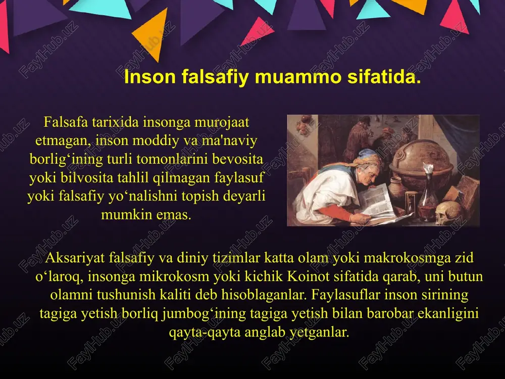 qaraladi. ammo dunyoga nisbatan kosmotsentrik yondashuv antik falsafa rivojlanishining ilk bosqichlariga ko‘proq xosdir. dunyoning mazkur talqiniga muvofiq birinchi o‘ringa suqrot davridayoq falsafaning diqqat markazidan o‘rin olgan inson haqida mulohaza yuritish uchun ham tegishli zamin hozirlovchi dunyo va kosmos muammolari chiqadi. teotsentrizm falsafasini boshqa falsafiy nuqtai nazarlar – antropotsentrizm va kosmotsentrizm siqib chiqara boshlagan uyg‘onish davrida insonga doir qarashlarda jiddiy o‘zgarishlar yuz berdi. o‘rta asrlarda inson u yoki bu korporatsiya vakili sifatida amal qilgan bo‘lsa, uyg‘onish davrida u o‘zlikni anglash tuyg‘usi va ijtimoiy nuqtai nazari o‘sishi natijasida o‘z manfaatlarini ifoda eta boshladi. inson shaxs sifatida kamol topdi. o‘sha davr falsafasida insonga bo‘lgan qiziqishning kuchayishi bilan bir qatorda tabiatga bo‘lgan qiziqish ham tiklandi. n.kuzanskiy, j.brunoning panteistik konsepsiyalari xristianlar xudosini siqib chiqara boshladi. buyuk nemis faylasufi i.kant (1724-1804) insonni tushunish yo‘lida muhim qadam tashladi. u inson betakror mavjudot va u haqda alohida falsafiy mulohaza yuritish mumkin, deb hisoblar edi. u inson betakror mavjudot …