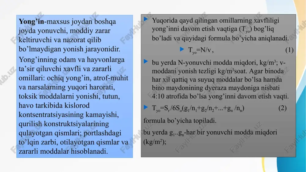 v, g, d, e ko’rinishlarida shartli belgilanadi. a-kategoriyadagi ishlab chiqarish, portlash-yonishga xavfli ishlab chiqarish bo’lib, unga bug’larining alangalanish harorati 28°c dan kam bo’lgan va havo tarkibida 10 % gacha portlashga xavfli havo yoki moddiylar bo’lgan hamda suv, kislorod, havo yoki o’zaro ta’sirda alangalanuvchi moddiylar ishlatiladigan ishlab chiqarish kiradi. b-kategoriya - portlash-yonishga xavfli ishlab chiqarish. bunga bug’larining alangalanish harorati 28 dan 61°c gacha bo’lgan suyuqliklar. havo tarkibida 10 % gacha portlashga xavfli siqilgan gaz, changlar bo’lgan, shuningdek 5 % gacha pastki portlash miqdori npv>65 g/m3 bo’lgan changlar mavjud ishlab chiqarishlar kiradi. v-kategoriya – yonishga xavfli ishlab chiqarish, alangalanish harorati 61°c dan yuqori bo’lgan suyuqlikar ishlatiladigan va npe>65 g/m3 miqdordagi yonuvchi chang, gazlar mavjud havo muhiti bo’lgan, shuningdek qattiq yonuvchi moddiylar ishlatiladigan ishlab chiqarishlardir. g-kategoriya - yong’inga xavfli ishlab chiqarish. yonmaydigan moddiylarga issiqlik yoki alanga ta’sirida ishlov berish ko’llaniladigan ishlab chiqarish. d-kategoriya - yong’inga va portlashga xavfsiz ishlab chiqarish. bunda yonmaydigan moddiylarga …