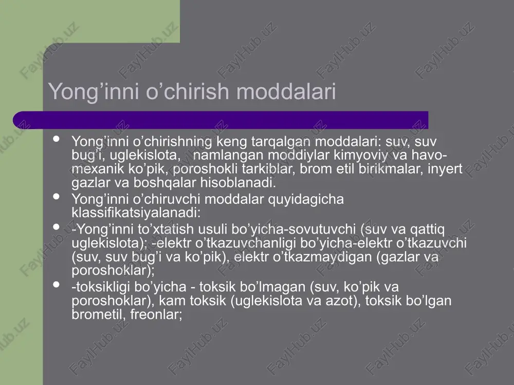 aviy ko’pikli o’t o’chirgichlar qattiq va suyuq moddalar yong’inini o’chirish maqsadida foydalaniladi. ularga oxp-10, op-m va op-9mm o’t o’chirgichlari kiradi. ularning ishlash vaqti ko’pik karraligi 5 ga teng bo’lganda 60 sek ni tashkil etadi. ballonlar hajmi 8,7 va 9 l, zaryadlari ishqorli va kislotali kismdan iborat. ishqorli qismi 450…460 gr bikorbanatnatriy va qizilmiya ildizi ekstraktining suvdagi aralashmasida, kislotali qismi-15 gr oltingugurt va 120 gr dan ortiq oltingugurt kislotasining suvdagi aralashmasidan iborat. bu o’t o’chirgichlarning korpusi foydalanilgandan 1 yil o’tgach 2 mpa bosim ostida sinaladi (bir partiyadagi o’t o’chirgichlarning 25 %). ikki yildan keyin esa-50 %, uch yildan keyin esa 100 % o’to’chirgichlar sinovdan o’tkaziladi. uglekislotali o’t o’chirgichlar turli xil moddalar moddiylar, elektr qurilmalaridagi yong’inni o’chirishda ishlatiladi. ularni zaryadlashda uglerod ikki oksididan (so2) foydalaniladi. bunday o’t o’chirgichlarga ou-5, ou-8, ou-25, ou-80 va ou-400 markali o’t o’chirgichlar kiradi. ular tortib ko’rib tekshiriladi. agar ularning massasi 6,25; 13,35 va 19,7 kg dan kam …