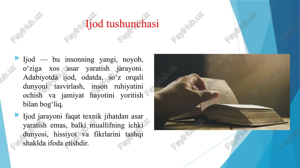 yangi syujetlar yaratish. emotsional sezgirligi – inson ruhiyatini, tabiatni va jamiyat voqealarini chuqur his etish. ma’naviy va falsafiy qobiliyatlari – asar ortida chuqur ma’no va falsafiy mulohazalar bo‘lishi. hozirgi kunda ijodkor faqat shaxsiy ilhomga tayangan holda emas, balki: global axborot va texnologiyalar orqali yangilik izlaydi. ijtimoiy tarmoqlar va ommaviy axborot vositalari orqali o‘z auditoriyasiga erishadi. turli madaniyatlar bilan o‘zaro aloqada bo‘lib, ijodiy innovatsiyalar yaratadi. xulosa adib jarayoni — bu ijodkorning ichki olami, g‘oya va ijtimoiy muhitning uyg‘unlashgan jarayoni. ijodkor muammosi shaxsiy ilhomdan tortib, jamiyat va zamon bilan bog‘liq murakkab masalalargacha bo‘lgan ko‘plab jihatlarni o‘z ichiga oladi. har bir asar bu murakkab jarayon natijasida paydo bo‘ladi va ijodkorning dunyoqarashini, ma’naviyati va badiiy uslubini aks ettiradi. e’tiboringiz uchun raxmat image1.jpeg image2.jpeg image3.jpeg image4.jpeg image5.png image6.jpeg man's hand flipping book page /docprops/thumbnail.jpeg