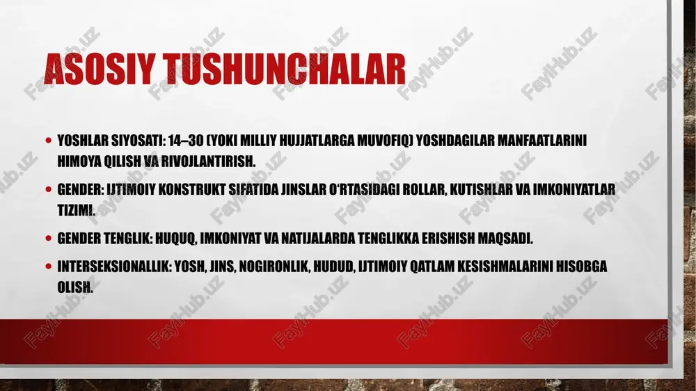 tafovut va media savod qizlar va yigitlar o‘rtasida it resurslari va ko‘nikmalaridagi tafovutlarni qisqartirish. media va axborot savodxonligi: tanqidiy fikrlash, xavfsiz raqamli xulq. onlayn platformalarda gender stereotiplariga qarshi ijobiy kontent. qishloq–shahar tafovutlari infrastrukturaga kirish: transport, internet, ta’lim va sog‘liq xizmatlari. hududiy grantlar, mobil markazlar, qo‘shma kollej–sanoat dasturlari. mahalliy rollar: mahalla, davlat-xususiy sheriklik va ijtimoiy tadbirkorlik. nogironligi bo‘lgan yoshlar va gender inklyuziv ta’lim, moslashtirilgan infratuzilma va assistiv texnologiyalar. ko‘p marotabalik diskriminatsiyaga qarshi kompleks siyosat (interseksionallik). bandlikda ijobiy kvotalar, masofaviy ish va reabilitatsiya xizmati. monitoring va indikatorlar genderga ajratilgan statistika: ta’lim, bandlik, sog‘liq, siyosiy ishtirok. asosiy ko‘rsatkichlar: qamrov, daromad tafovuti, vakillik ulushi, zo‘ravonlik ko‘rsatkichlari. baholash: natija va ta’sir darajalari, muqobil xarajatlar va samaradorlik. amaliy loyihalar uchun tavsiyalar gender tahlil (gap) asosida dizayn: muammo daraxti, manfaatdor tomonlar xaritasi. pilot hududlar va tezkor sinovlar (rapid prototyping), iterativ takomillashtirish. yoshlar yetakchiligidagi tashabbuslar: hackathon, volontyorlik, ijtimoiy innovatsiya. barqarorlik: moliyalashtirish modeli, kpi, ko‘lamlashtirish rejasi. xulosa va takliflar …