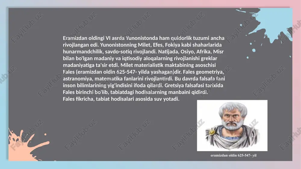 irishga harakat qilgan va boshqalarni ham shunga chaqirgan. sokrat falsafasida adolatlilik, mardlik, sahovatlilik, yaxshi hayot tushunchalari markaziy o'rinni olgan. falsafa tarixida yana bir grek faylasufi platondir. qarama-qarshi falsafiy fikrlar asosida platon falsafasi paydo bo'ldi, (platon eramizdan avval 427-349- yillarda yashagan). afina aristokra tiyasining vakillari platonchilar idealistik karashni oldinga surdilar. platon falsafasi asosida g'oyalar yotadi. uning fikricha narsalar asosida g'oya yotadi, sezgi qabul qiladigan narsa, ideya dunyosining ko lankasidir. platon fikricha, hayotda bir-biriga qarama-qarshi bo'lgan g'oyalar mavjud bo'lib, bu g'oyalar o'zgarmaydi, ya'ni sezgi organlarimizda ifodalangan narsalar paydo bo'lishi va yo'qolishi bu doimiy o'zgaruvchan emasligidir. eng oliy g'oya bu xudo to'g'risidagi g'oyadir. bu narsa idealizm bilan dinning birligini ko'rsatadi. platon bilish nazariyasini ham idealistlarcha tushuntirdi. uning fikricha, bilim-g'oyalar orqali paydo bo'ladi,tasavvur narsalar orqali hosil bo'ladi. eramizdan avval 427-349- yillar text here text here abstrakt tafakkurni sezgilarga bog'liq bo'lmagan g'oyalar dunyosida yashovchi, ruhni "eslash" jarayon natijasi, deb tushuntirdi. platon bilish bu-eslashdir degan g'oyasini …