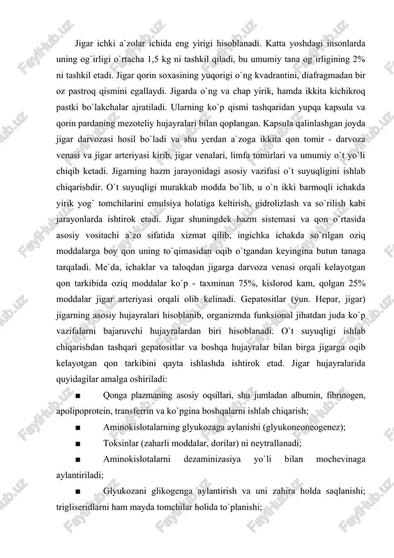 ya`ni portal triadalarni hosil qiladi. (b) triadaning qon tomirlaridan sinusoidlar boshlanib, jigar plastinkalari orasiga kirib boradi va so`ngra markaziy venaga davom etadi (51-rasm). (v) jigar bo`lakchasining mikrosurati keltirilgan. unda markaziy vena (m), plastinkalardagi gepatositlar (g), shuningdek qo`shni soxada mayda limfa tomiri (l) va portal triada komponentlari: vena (v), arteriya (a) va o`t nayi (o`) keltirilgan. x220. g vae. rasm. jigar bo`lakchasi mikrofotogrammasi. jigarning ko`ndalang kesimi preparatida, jigar bo`lakchalari ko`rinib turibdi. ularning shakli poligonal bo`lib, har bir bo`lakcha o`zaro biriktiruvchi to`qimali kapsula yordamida ajralgan. jigar plastinkalari ikki-uch qator bo`lib joylashgan gepatositlardan iborat. plastinkalar bo`lakcha markazida yotgan markaziy vena tomon radial yo`nalgan (m). (a) ba`zi sut emizuvchilarning, masalan cho`chqa yoki ayiq jigarida bo`lakchalar orasidagi biriktiruvchi to`qima qalinroq bo`ladi. rasm. jigar bo`lakchasining tuzilishi. (b) odamda esa bo`laklararo biriktiruvchi to`qima ancha yupqa bo`ladi. ular orasidagi chegara preparatlarda aniq ko`rinadi. ikkala holatda ham bo`lakchalarning portal sohalarida portal triadalarni uchratish mumkin: kichik o`t nayi (o`) darvoza …