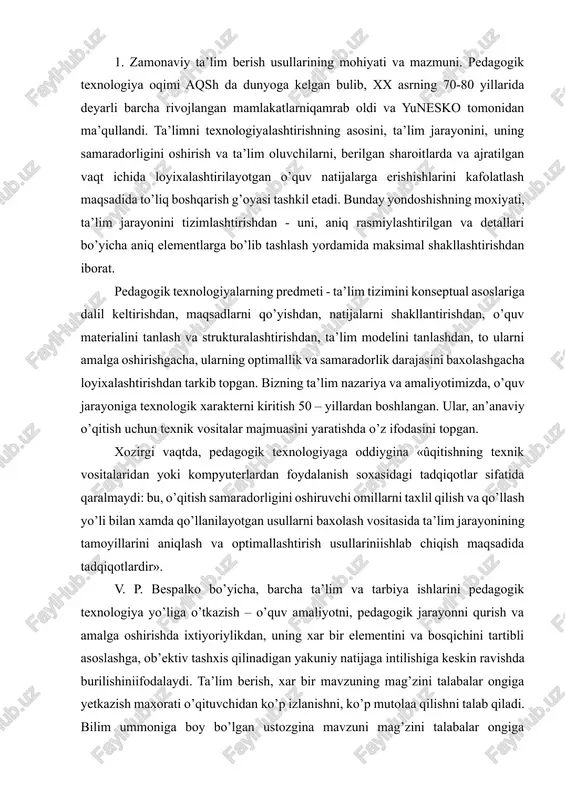 ’llay boshlaydilar. talabalar bilan bo’lgan muloqotda, ularga bilim berish jarayonida o’qituvchi ta’lim-tarbiya jarayonini samarali boshqarishi lozim. ta’lim tarbiya jarayoni uzviy jarayondir. ta’lim berish jarayonida tarbiyalayotganligimizni unutmasligimiz lozim. suxandonlik, kinoyasiz so’zlash, o’qituvchiga xos kiyinish etikasi, fikrni erkin bayon qilish va uni tamasiz yetkaza olish xususiyatlari o’quvchilar uchun amaliy ko’rgazma ekanligini unutmaslik kerak. ta’lim berishda o’qitish usullari asosiy o’rinni egallaydi. pedagogik fan va amaliyotda, «pedagogik texnologiya», «ta’lim texnologiyasi», «o’qitish texnologiyasi» kabi atamalar kengg foydalaniladi. shu bilan birga, ularni tushunish paytida aloxidaa farqlar mavjud. avvalambor, «texnik texnologiya» va «pedagogik texnologiya» tushunchalarining nisbatini aniqlaylik. «texnologiya» – yunoncha «teche» so’zidan olingan bo’lib, maxorat, san’at va «logos» – so’z, ta’limot ma’nosini anglatadi. gumanitar texnologiyalar safiga kiruvchi «pedagogik texnologiya» tushunchasining mazmunini aniqlaymiz. bizning fikrimizcha, ushbu keng ishlatiladigan so’zlar birikmasiinglizcha «en educational technology», ya’ni «ta’lim texnologiyasi» ifodasini noaniq tarjima qilishdan kelib chiqqan. xorijdagidan farqli o’laroq, o’zimizning pedagogik nazariya va amaliyotimizda, xususan, shaxsni shakllantirish, sifatlari va xususiyatlarini rivojlantiruvchi texnologiyalardan …