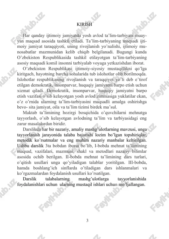 k bilimlar bilan qurollantirishdan iboratdir. mehnatga axloqiy tayyorlash – o‘zaro do‘stona yordamni be- rishni, ijodiy tashabbuskorlik, tashkilotchilik qobiliyatlarini namoyish qilishni, mehnat kishilari va mehnat natijalarini hurmat qilishni o‘rga- tishdan iboratdir. mehnat ta’limi va tarbiyasini tashkil etishda jamoa asosidagi meh- natni uyushtirish muhim masalalardan biridir. zero, jamoa ishtirokida o‘tkazilayotgan mehnat jarayonida o‘quvchilarda do‘stlik, o‘rtoqlik, o‘zaro yordam va hamkorlik, jamoa mehnat samaralaridan quvonish kabi xislatlar tarbiyalanib boradi. shuningdek, ularda tashabbuskorlik, tashkilotchilik, mehnatga ijodiy yondashish, jamoa manfaatini shaxsiy manfaatdan ustun qo‘yish singari axloqiy sifatlarning shakllanishiga poydevor qo‘yiladi. mehnat jarayonida o‘quvchilarda mehnat madaniyatining un- surlarini hosil qilib borish muhim talablardan biri sanaladi. mehnat madaniyati - bajarilayotgan ishga ongli munosabatda bo‘lish, uni ilm- iy jihatdan to‘g‘ri tashkil etilishi (puxta rejalashtirish, vaqtdan unumli foydalanish), ish o‘rnini ozoda tutish, mehnat (ish) qurollariga ehti- yotkorona munosabatda bo‘lish, boshlangan ishni natijalash, uning samarali bo‘lishiga erishishga yo‘naltirilgan faoliyat ko‘rsatkichidir. mehnat madaniyati tushunchasi o‘zida yana o‘quvchining mustaqil harakat olib borishini, mehnat …