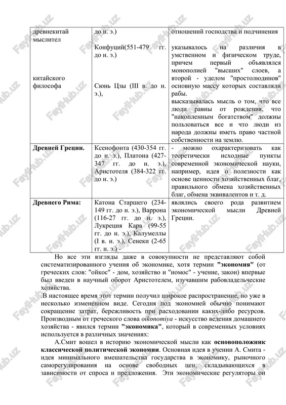 emi. 2. protsessi proizvodstva, raspredeleniya, obmena, potrebleniya.. vixod iz sovremennogo sotsialno-ekonomicheskogo krizisa uzbekistan i nekotorix drugix stran viditsya segodnya bolshinstvom uchenix i praktikov v perexode k rinochnoy ekonomike, orientirovannoy na rost blagosostoyaniya naseleniya, v otkaze ot zakritoy ekonomiki i zamene ee otkritoy ekonomikoy, kotoraya poluchila razvitie v ryade stran zapada, v ssha, yaponii i dr. otsyuda estestvenni i nashi poiski v bogatom mirovom opite prepodavaniya ekonomicheskoy teorii. pri etom, konechno, ne sleduet slepo kopirovat dostijeniya zapadnix uchenix. esli v tselom otsenivat zapadnuyu ekonomicheskuyu nauku, nelzya ne videt, chto ona v znachitelnoy stepeni matematizirovana i nesotsialna, peregrujena grafikami, elementarnimi formulami, abstraktnimi rassujdeniyami. 2. istoki ekonomicheskoy nauki sleduet iskat v ucheniyax misliteley drevnego mira mesto periodi mneniya drevnee vostok drevnekitay mislitel kitayskogo filosofa drevneindiyskie "zakoni manu" (iv-iii v. do n. e.) konfutsiy(551-479 gg. do n. e.) syun tszi (iii v. do n. e.), otmechali sushestvovanie obshestvennogo razdeleniya truda, otnosheniy gospodstva i podchineniya …