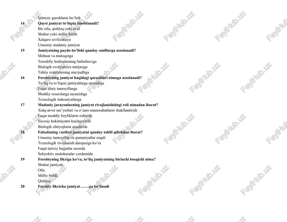 tizim sifatida tasvirlagan? gorizontal, vertikal va fluktuatsion tizimlar ijtimoiy siyosiy tizimlar faqat iqtisodiy tizim etnik guruhlar yig‘indisi 24 jamiyatning iqtisodiy sohasi nimani o‘z ichiga oladi? ishlab chiqarish, iste'mol, taqsimot va mulkchilik munosabatlari siyosiy hokimiyatning taqsimlanishi madaniy qadriyatlarning rivojlanishi huquqiy normalar va qonunlar 25 jamiyat siyosiy sohasining asosiy vazifasi nima? jamiyat boshqaruvini tashkil qilish va hokimiyatni taqsimlash mehnat resurslarini rivojlantirish moddiy ne’matlar ishlab chiqarishni boshqarish axloqiy me’yorlarni tartibga solish 26 ijtimoiy soha qanday munosabatlarni o‘z ichiga oladi? odamlar o‘rtasidagi o‘zaro munosabatlar va ijtimoiy guruhlar faoliyatini faqat iqtisodiy jarayonlarni siyosiy hokimiyat va boshqaruvni ilm-fanning rivojlanishini 27 madaniy sohaning asosiy xususiyati nima? insonning axloqiy, estetik, diniy va bilim sohalaridagi faoliyati siyosiy boshqaruvni tashkil qilish huquqiy normalar ishlab chiqish moddiy ne’matlar ishlab chiqarish 28 jamiyatning qaysi sohasi axloqiy me’yorlarni shakllantiradi? madaniy soha iqtisodiy soha siyosiy soha huquqiy soha 29 ijtimoiy sohaning rivojlanishida qaysi omil muhim rol o‘ynaydi? jamiyatdagi tenglik va adolatni ta’minlash siyosiy qarorlarning …