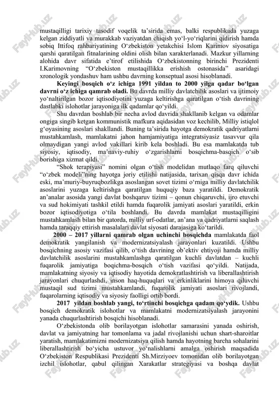 alganligiga asoslanadi. bular: paleolit, mezolit, neolit, eneolit, bronza, temir. ular, o‘z navbatida, bosqichlarga bo‘linadi. masalan, paleolit davri quyi paleolit, o‘rta paleolit, yuqori paleolitga bo‘linadi. yuqoridagilardan tashqari davlat va sulola nomidan kelib chiqadigan davlat-sulolaviy davrlashtirish ham mavjud. masalan: ahomoniylar, salavkiylar, yunon-baqtriya, kushon va boshqalar. tarixiy xronologik nisbiy davrlashtirish umumiy tushunchalarga asoslanib, katta xronologik davrlarni o‘z ichiga oladi: eng qadimgi, arxaik, antik, ilk o‘rta asrlar, o‘rta asrlar, so‘nggi o‘rta asrlar, yangi, eng yangi davrlar. tarixiy madaniy davrlashtirish hukmron (asosiy) madaniyat belgisiga qarab aniqlanadi. masalan: ellinistik davr. etnik davrlashtirish asosida qabilaviy mansublikka asoslangan davrlashtirish yotadi. masalan: sak, eron, eftalit, turk, arab, o‘zbek davrlari. diniy davrlashtirish asosida u yoki bu davrda hukmron bo‘lgan din, e’tiqod yotadi. masalan: otashparastlik, buddaviylik, musulmon davrlari. o‘rta osiyo tarixini musulmon dinigacha va musulmon davrlariga bo‘lish fanda keng tarqalgan. bu o‘ziga xos qadimgi va ilk o‘rta asrlar davrini o‘rta asrlar davridan ajratib turuvchi belgi sifatida ham qabul qilingan. o‘zbekiston respublikasining …