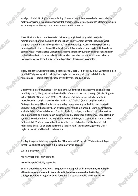 lar maxdamasining "oʻzbekiston respublikasi qishloqlari ijtimoiy infrastrukturasini 2000 yilgacha boʻlgan davrda rivojlantirish dasturi toʻgʻrisida"gi qaroriga (1996 y. 21 may) muvofiq, sogʻliqni saqlash sohasida mutlaqo yangi muassasa — qishloq vrachlik punktlari (qvp) tashkil etish va aholiga dastlabki feldsherlik yordami emas, balki malakali vrachlik yordami koʻrsatish koʻzda tutildi. qvgt uchun hamma koʻrsatkichlar — moddiy taʼminot, kadrlar, zamonaviy asbobuskunalar va doridarmonlar bilan taʼminlash boʻyicha xalqaro standartlarga mos keladigan 1998 yildan sogʻliqni saqlashning rivojlanishida yangi davr boshlandi — 1998 y. 10 noyabrda oʻzbekiston respublikasi prezidentining farmoni bilan 1998— 2005 yillarda sogʻliqni saqlash tizimini qayta qurish davlat dasturi qabul qilindi. unda mamlakat aholisiga tibbiy yordam koʻrsatish sifatini oshirish tadbirlari koʻrsatib berildi. bu dastur asosida sogʻliqni saqlashning birlamchi boʻgʻinini mustahkamlash va umumiy vrachlik amaliyotini rivojlantirish tadbirlari amalga oshirildi. hamma viloyatlarda qvpning keng tarmoklari tashkil etildi, natijada ikki bosqichli, yaʼni qvp hamda tuman markaziy shifoxonasi orqali tibbiy yordam koʻrsatish yoʻlga qoʻyildi. mazkur ishlar jahon banki bilan hamkorlikda …