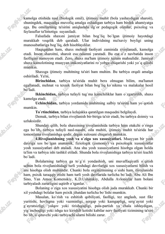 utadimi? balki tarbiyaning ta'siri yuqoridir? ular o`rtasidagi o`zaro munosabat qanday? fanda biologik yo`nalish deb nomlangan nuqtai nazar etakchi o`rinlardan birini egallab, uning vakillari aristotel, platonlar tabiiy-biologik omillarni yuqori qo`yadi. ular tug`ma imkoniyatlar, taqdir, tole har kimning hayotdagi o`rnini belgilab bergan, deydilar. xvi asr falsafasida vujudga kelgan preformizm oqimi namoyandalari esa shaxs rivojlanishidagi naslning roliga katta baho berib, ijtimoiy muhit va tarbiyaning rolini inkor etadi. xorij psixologiyasidagi yana bir ohim – bixeviorizm xx asr boshlarida yuzaga kelgan bo`lib, uning namoyandalari, ong va aqliy qobiliyat nasldan-naslga o`tib, insonga u tabiatan berilgan, deyiladi. mazkur ta'limot vakili amerikalik olim e.torndaykdir. progmatizm oqimi va uning vakillari d.d'yul, a.kombe ham shaxs rivojlanishini biologik nuqtai nazarda asoslaydilar. ular rivojlanishni fasat miqdoriy o`zgarishdan iborat, deb qaraydilar. naslning rolini absolyutlashtirib, uni inson taqdirida hal qiluvchi ahamiyatga ega deb biladilar. demak, bir guruh xorijiy olimlar rivojlanishni biologik (nasliy) omilga bog`laydilar. biologik oqimga qarshi falsafiy oqim vakillari rivojlanishi ijtimoiy omil omil …