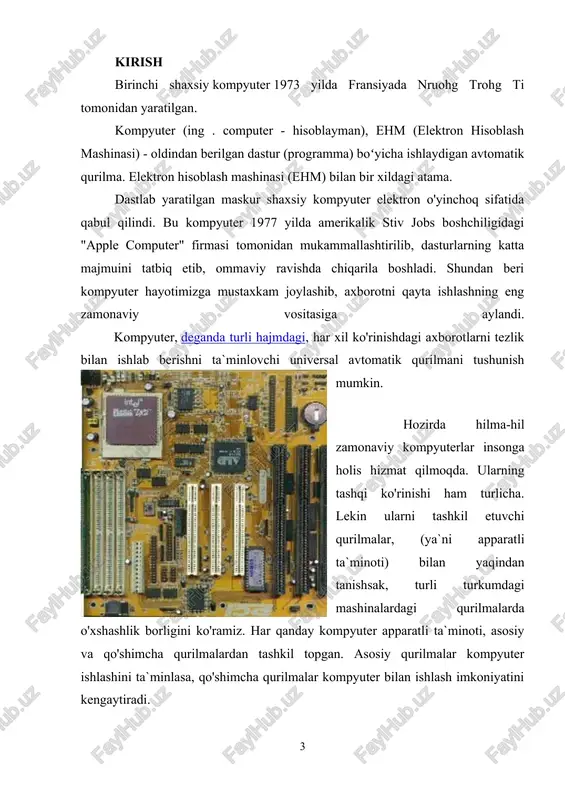 ; 2) siyosiy partiyalar, tashkilotlar, alohida arboblar faoliyatining asosiy qoidalari va maqsadlari bayoni; 3) oʻquv fani mazmunining qisqacha izohi; 4) teatr, konsertlar va b. doimiy xotira qurilmasida kompyuter ishlagan paytda yozilgan axborot o'zgarmasdan doim saqlanadi. unda odatda, kompyuterning har yoqilishida uning barcha asosiy qurilmalarining sozligini tekshiruvchi dasturlar, diskyurituvchi, monitor, klaviatura qurilmalarining ishini boshqaruvchi dasturlar, operatsion sistema diskning qaysi joyida joylashganligi haqidagi axborotlar joylashgan bo'ladi. protsessor - kompyuterning asosiy qurilmasi. protsessor arifmetik va mantiqiy amallar bajaradi, xotira bilan bog'lanadi va barcha mahalliy qurilmalarning ishini boshqaradi. protsessorning asosiy ishi tezkor xotira qurilmasida joylashgan dasturdan navbatdagi buyruqni o'qish va bajarish, natijani yozib qo'yish hamda keyingi bajariladigan buyruqni aniqlashdan iborat takrorlanuvchi jarayon. dastur - kompyuter bajarishi lozim bo'lgan buyruq va ko'rsatmalarining izchil ketma-ketligi. bundan tashqari protsessor dastur mazmunidagi boshqarishni amalga oshirish, ma`lumotlarni zarur joydan o'qish, lozim joyga yozish, kerak joyga uzatish boshqa qurilmalarning izlanishini muvofiqlashtirish vazifasini ham bajaradi. demak, protsessor berilgan dastur va zarur …