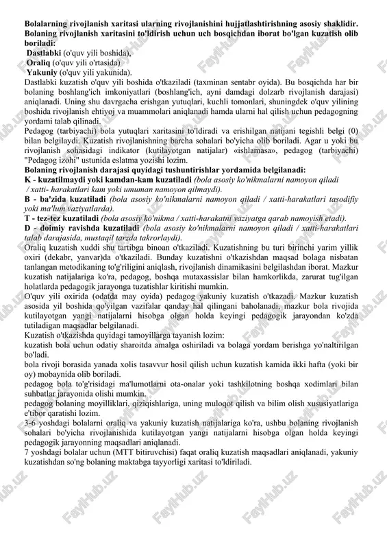 stlabki oraliq yakuniy pedagog izohi k b t d k b t d k b t d 1 jismoniy rivojlanish va sog‘lom turmush tarzining shakillanishi 1.1 kichik soha: yirik motorika 1. oyoq uchida, tovonida, oyoq kaf-tining tashqi tomonida va tizza-larni baland ko'targan holda yuradi 2. arqonda muvozanatni saqlagan holda yuradi 3. tizzalarini baland ko'targan holda yuguradi 4. baland bo'lmagan to'siqlardan xatlaydi 5. arg'amchoqdan sakrashga urinadi 6. gimnastika o'rindig'ida qo'llari bilan tortilib emaklaydi 7. gimnastika devori bo'ylab tirmashadi 8. samokatda uchadi 1.2 kichik soha: mayda motorika 1. kiyim, poyabzal tugmalarni mus-taqil ravishda qadaydi va ochadi 2. namuna asosida ipga kichik, o'rta va yirik munchoqlarni tizib chiqadi 3. qulf, zulfinlarni ochadi va yopadi, kalitdan foydalanadi 4. mayda predmetlarni burab yopadi va ochadi (konstruktor detallari) 5. konstruktorning katta va kichik qismlaridan turli narsalar yasaydi № rivojlanish sohasi kutilayotgan natija dastlabki oraliq yakuniy pedagog izohi k b t d k b t d k …
