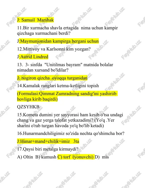 ri qancha qismini tashkil etadi? oq-52 qora-36 ta jami 88ta a)1/5 b) 5/3 c) 4/1 d) 4/2 37.bo'yi 600 m ,eni 345ga kam bo'lgan to'g'ri to'rtburchak perimetrini toping yechish: 1)600- 345=255 2) (600+ 255)x2=855x2=1740 m 38.tana a'zolari rasmi berilgan,topish kerak (3 tabiat) 39."firdavs so'zining ma'nosi? j: jannat bog'i 40."jiyron"hikoyasida dadasiga ot rasmini chizdirgan bola kim? j:sobirjon sobit g'afurov yozgan. 41.baliqning mozaika usulida yasalish bosqichi nechta? j:4ta 42."jimjiloq"ni kim yozgan? j:ch. aytmatov 43."bolalar gurungi " ertagi muallifi kim? j: xans kristian andersen 44.200dan ortiq g'oz va jo'jani yegan odam kim? j:gulliver 45.shtangensirkul nima? j: nemischa,detallarning tashqi va ichki chiziqli o'lchamlari diametri va chuqurliklarini o'lchash uchun mo'ljallangan asbob 46.dunyoda shunday sharafli kasb egalari borki,ular tufayli biz oqni qoradan,yaxshini yomondan ajratamiz. faqat jarangli tovushlar va unlilar ishtirok etgan so'zlar nechta? j:dunyuda,egalari,ular,biz,yomondan-5ta ekan 47.4ta sazan 5ta laqqa baliqdan og'ir.5ta sazan 6ta laqqa baliqdan yengilmi? ha yo'q 48.bola yerni 4,5 soatda,do'sti 5 soatda chopadi.ikkisi birgalikda …
