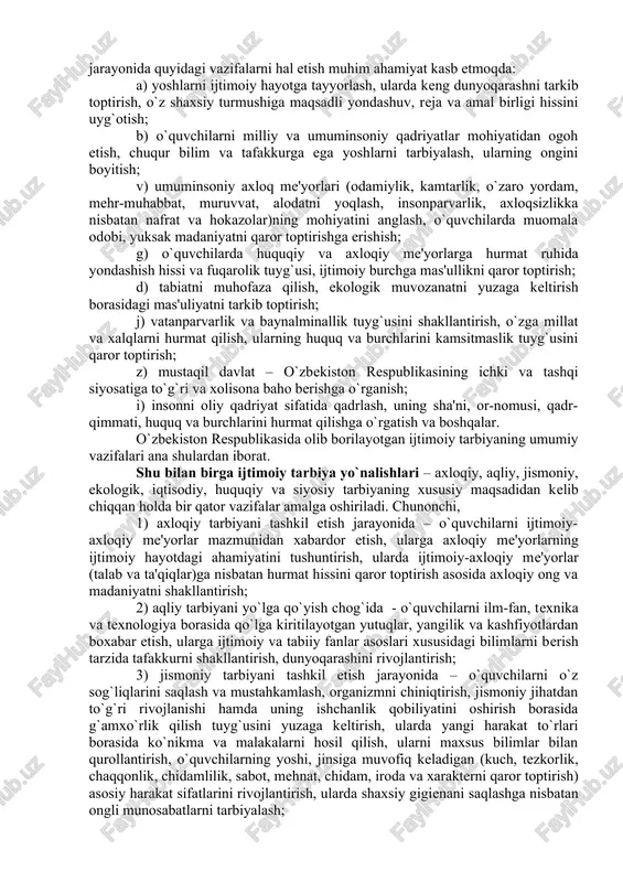layotganligini bilishi zarur. zero, tarbiya ijtimoiy munosabatlarning murakkablashib borishi asosida kechadi. har qanday ijtimoiy jamiyatda yosh avlod tarbiya muayyan maqsad asosida tashkil etiladi. tarbiya maqsadi ijtimoiy jamiyat taraqqiyoti, uning rivojlanish yo`nalishi, ijtimoiy munosabatlar mazmunidan kelib chiqib belgilanadi. bugungi kunda o`zbekiston respublikasida tashkil etilayotgan tarbiyaning asosiy maqsadi komil shaxsni tarbiyalab voyaga etkazishdan iborat. tarbiya jarayoni, odatda, o`z-o`zini tarbiyalash, o`z-o`zini qayta tarbiyalash, bolaningsh atrof-muhitdagi u yoki bu hodisalar bilan salbiy aloqasi natijasida vujudga keladigan munosabatlar va ularning xususiyatlarini bartaraf etish bilan olib boriladi. o`zini o`zi tarbiyalash shaxsni o`zida ijtimoiy qadrga ega bo`lgan fazilatlarni hosil qilish va takomillashtirishga hamda salbiy xislatlarni bartaraf etishga qaratilgan ichki faoliyat sifatida ta'riflanadi. o`z-o`zini qayta tarbiyalash shaxsning o`zidagi salbiy odatlar, xarakteridagi zararli sifatlarni yo`qotish, ularni bartaraf etishga qaratilgan ichki faoliyati jarayonidir. bola xulqidagi “og`ish”lar oiladagi nosog`lom muhit, ota-onaning tarbiyada yo`l qo`ygan xatolari, o`qituvchi faoliyatidagi kamchiliklar asosida vujudga keladi. qayta tarbiyalash jarayonida salbiy xulqni hosil qilgan sabab, sharoit o`zgartiriladi, …